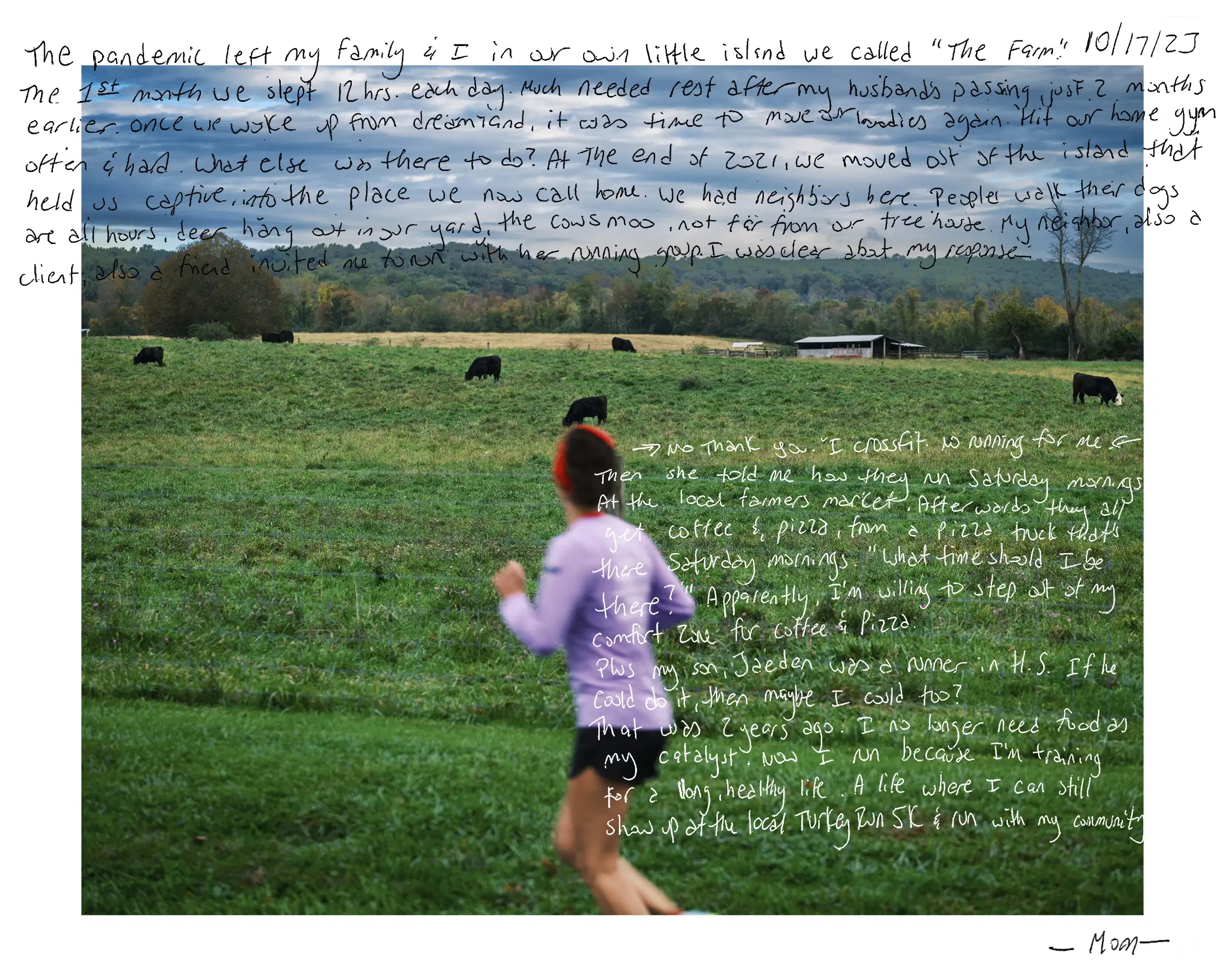 A photo of a woman running in a field, writing is overlaid on top
