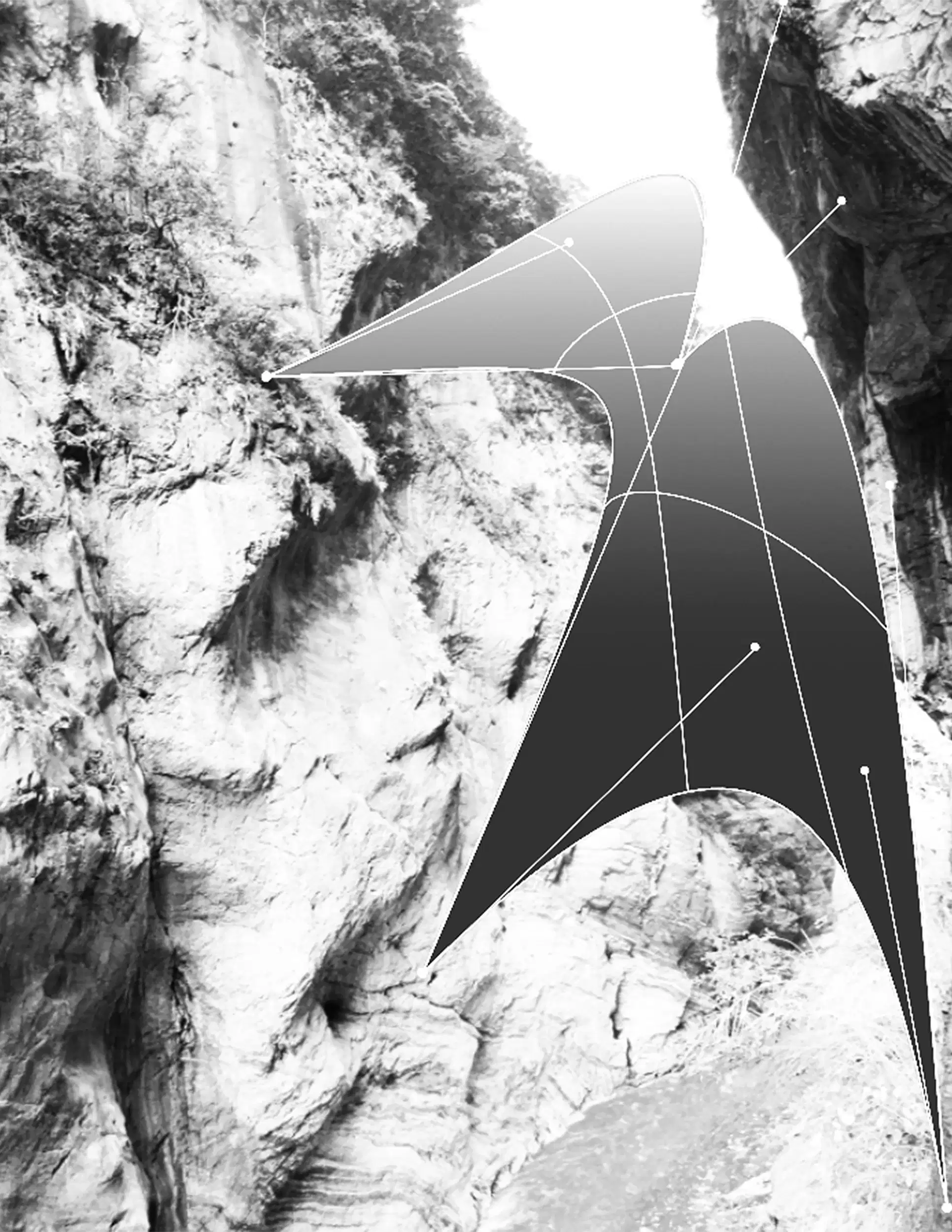  a black-and-white image of a digital shape like a cape and rocks in the background