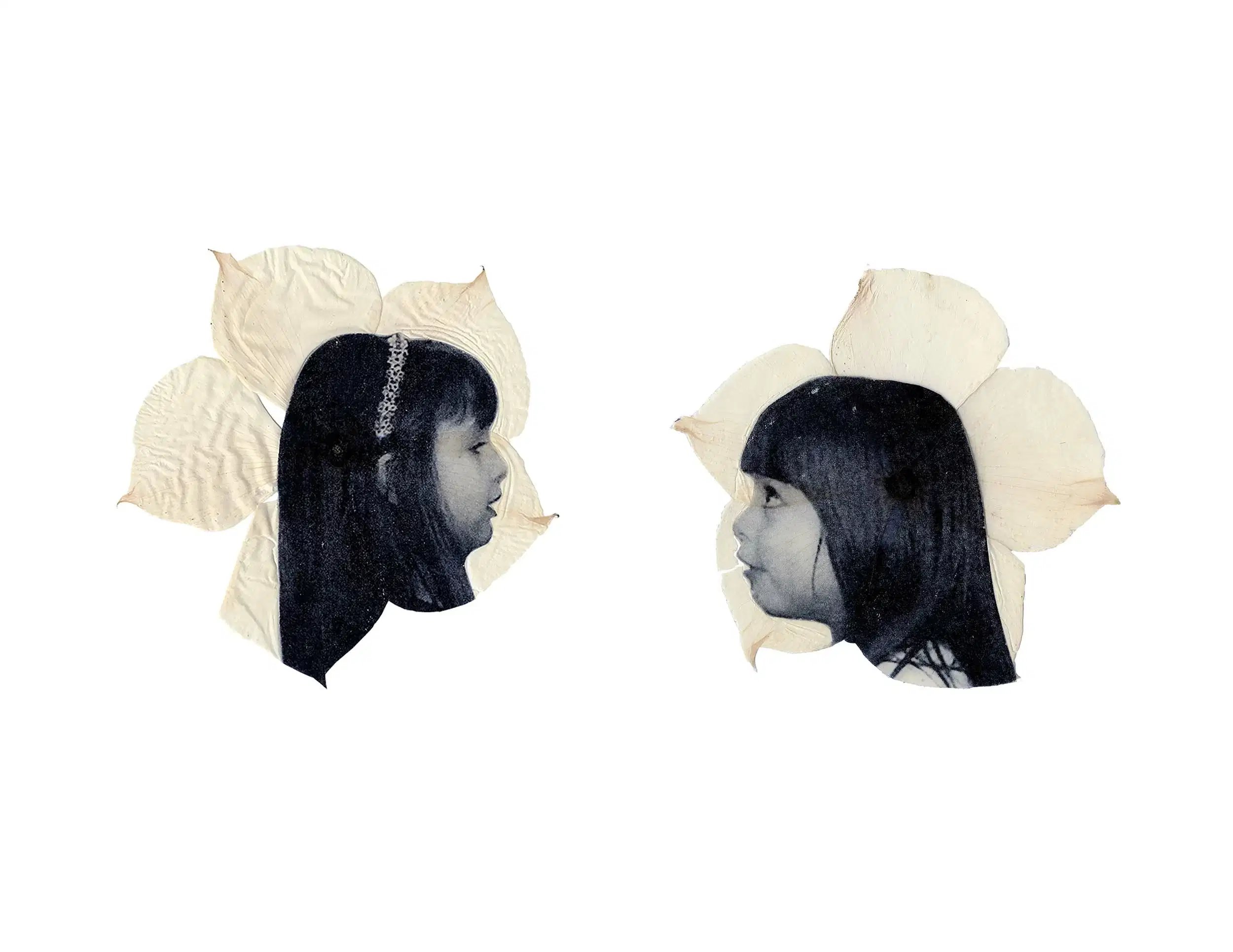 Pictures of two young girls superimposed on top of two flowers.