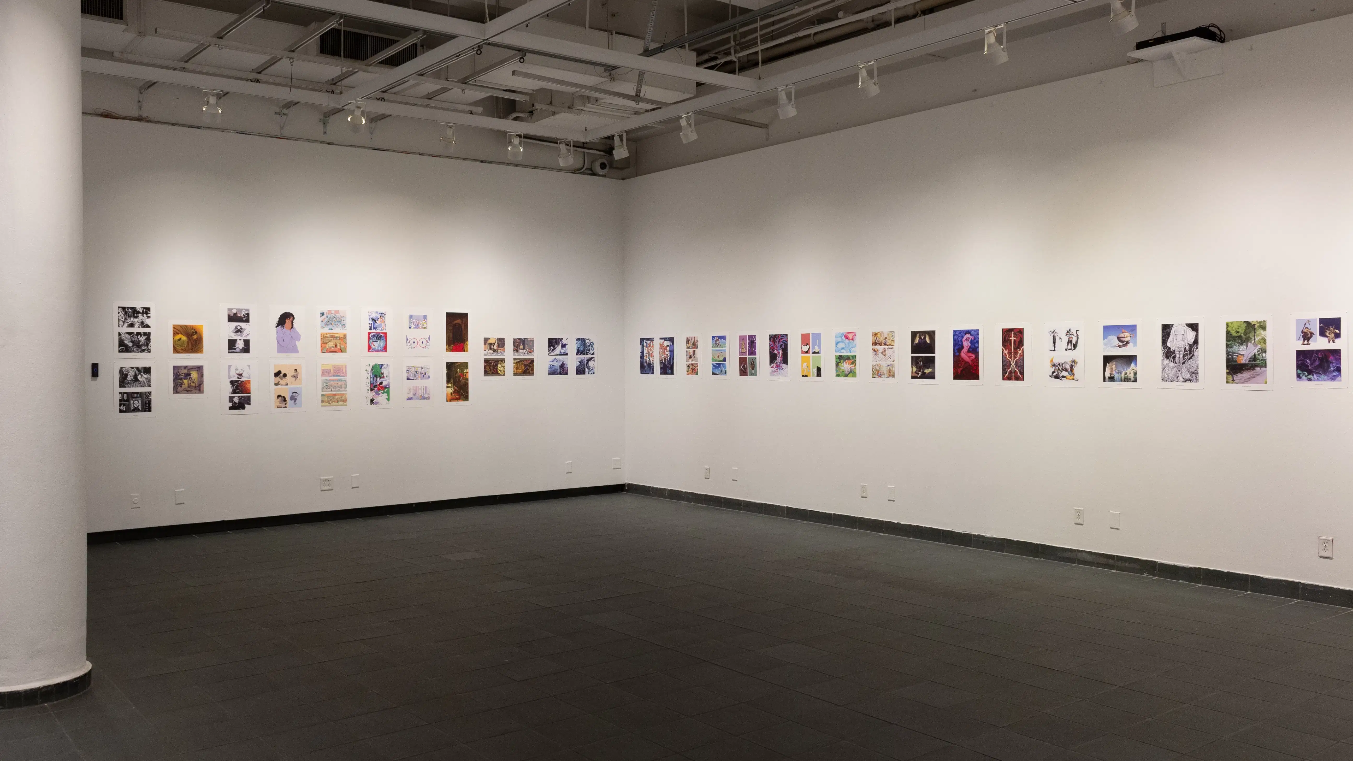 Install image showing an angled view of two large gallery walls with many prints lining the walls in a row, and a column on the left.