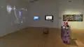 Installation image featuring a projection to the left, two monitors and a print on the back wall, and a pedestals with plush sculptures in the foreground.