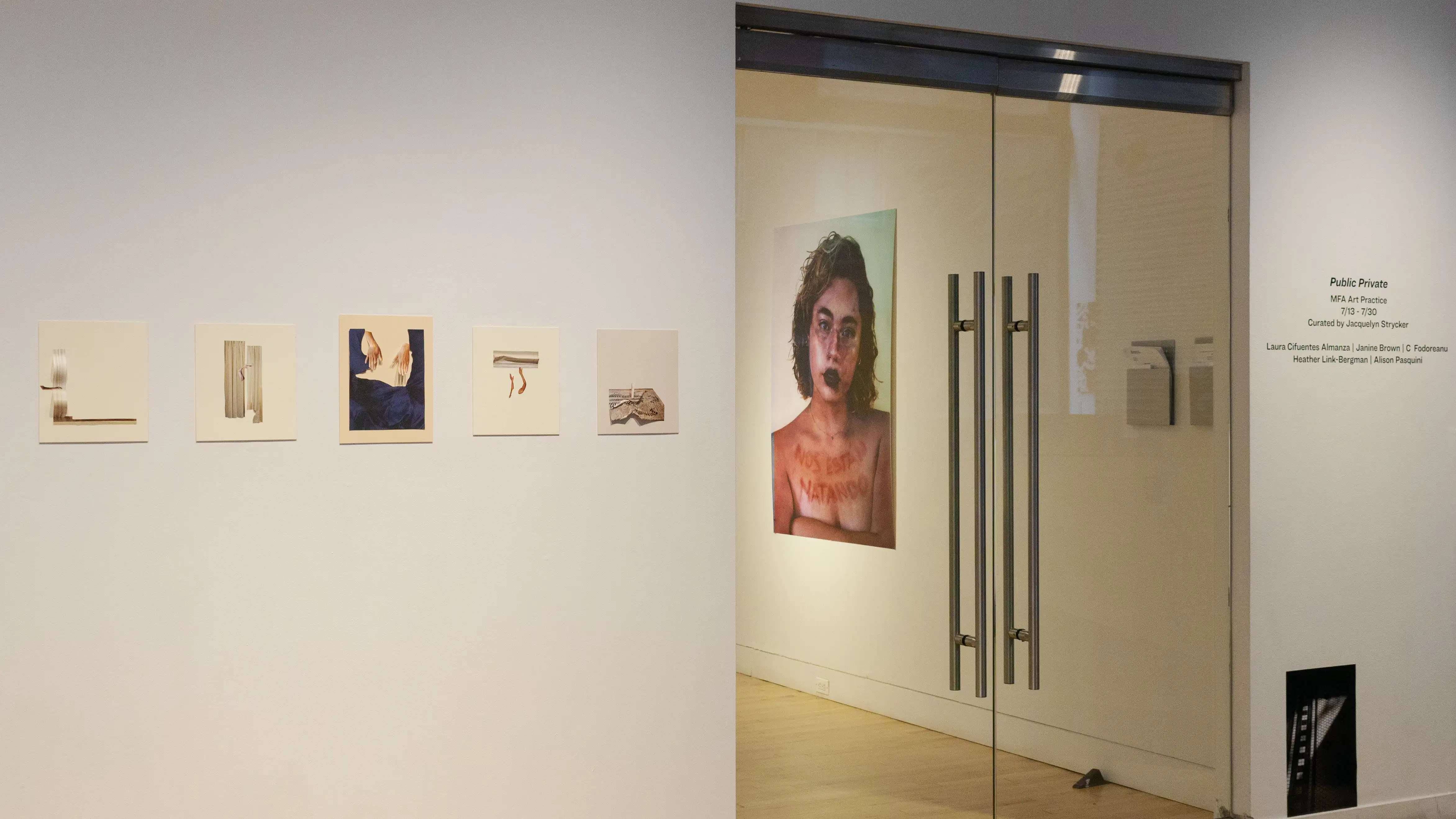 Multiple views of SVA Flatiron Gallery and Windows with installation, photographs, and textile throughout the gallery. 