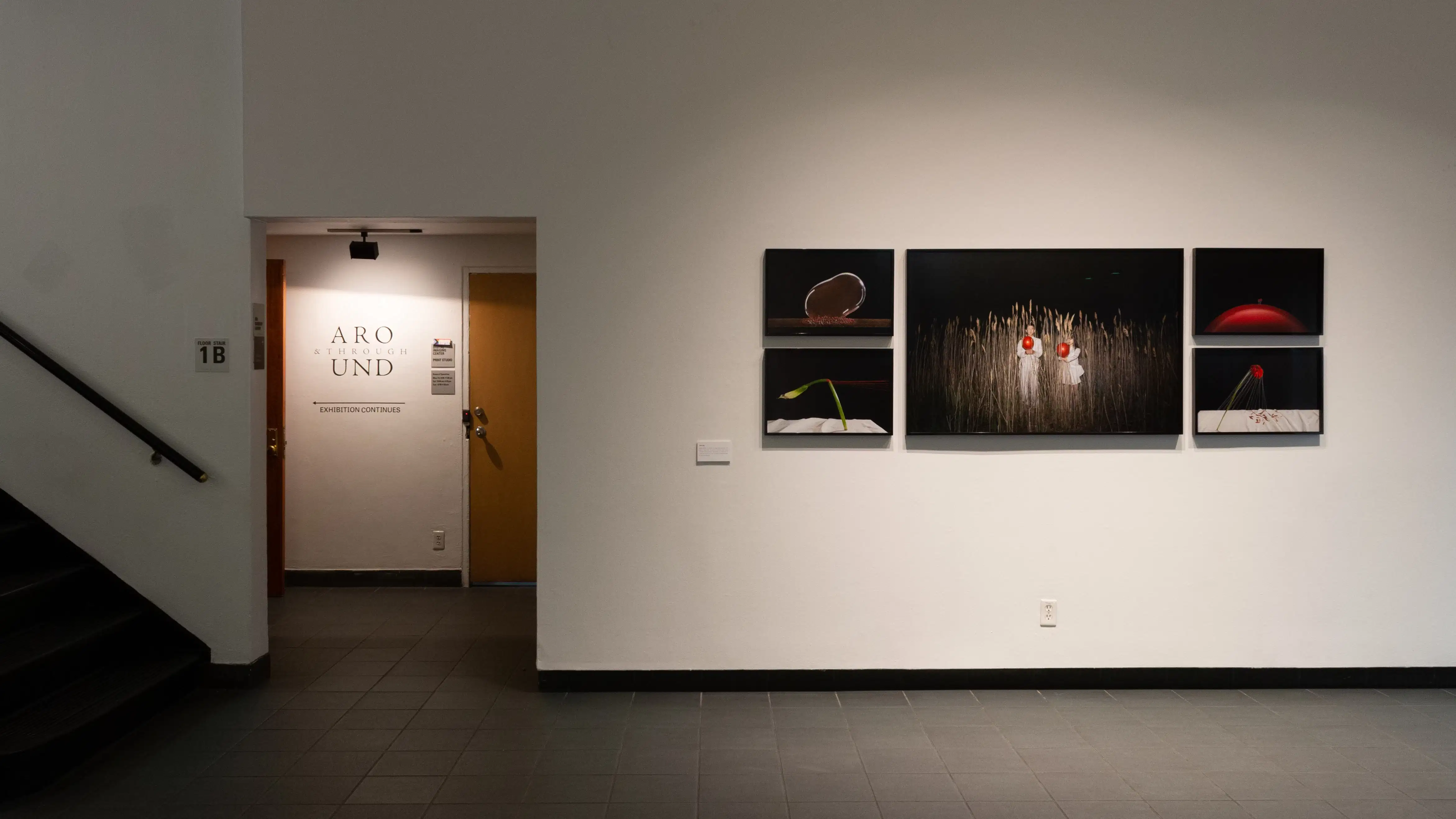 Through a doorway, wall vinyl displays the title of the exhibition. To the right of the doorway, four smaller framed photographs depicting objects against black backgrounds flank either side of one large photograph, all depicting two people against a black background.