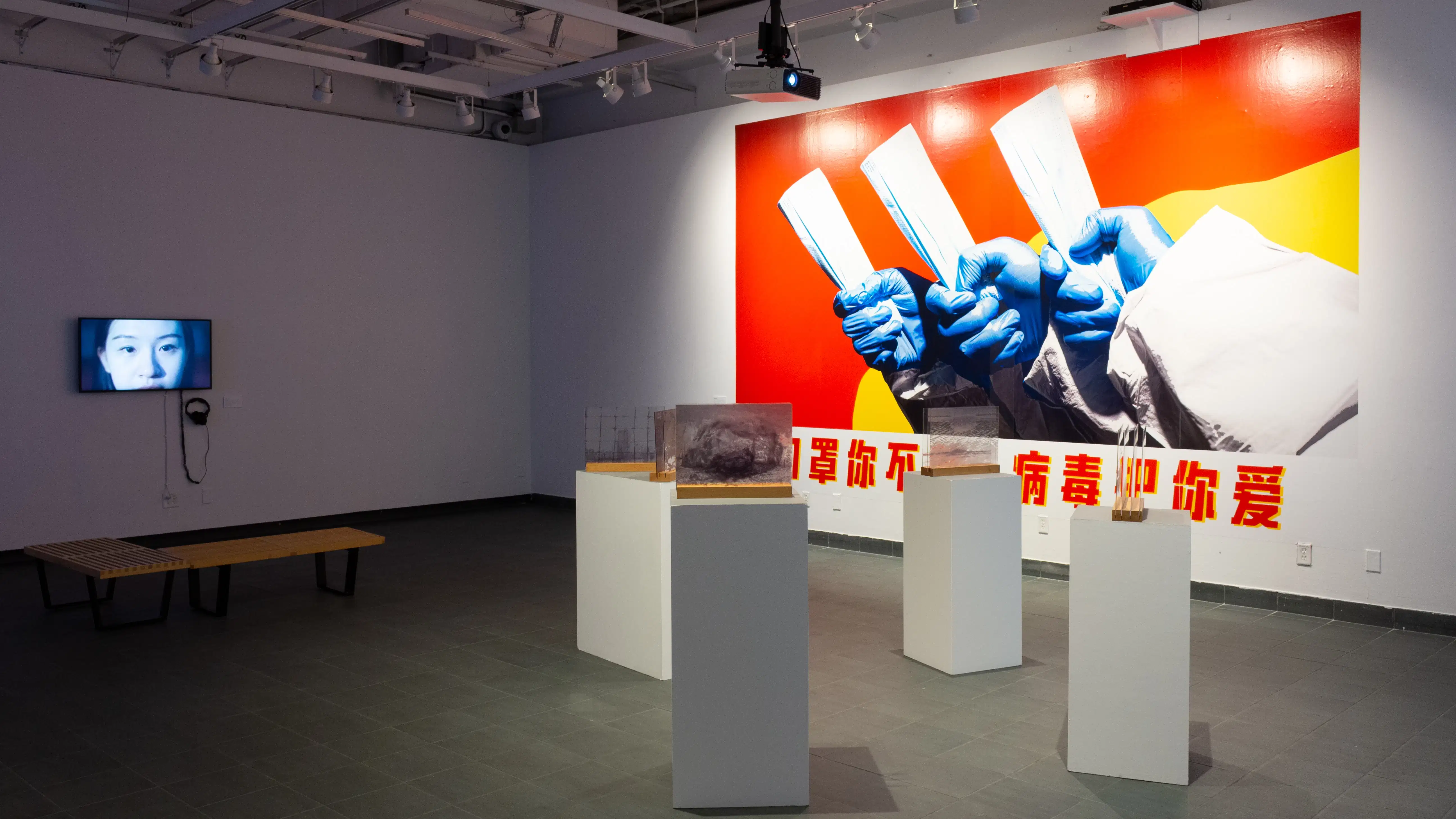The work of MPS Digital Photography students is displayed at the SVA Gramercy Gallery. On the left wall is a monitor playing a video, while on the right a bright image is applied directly to the wall, and in the center of the room, objects sit on pedestals.