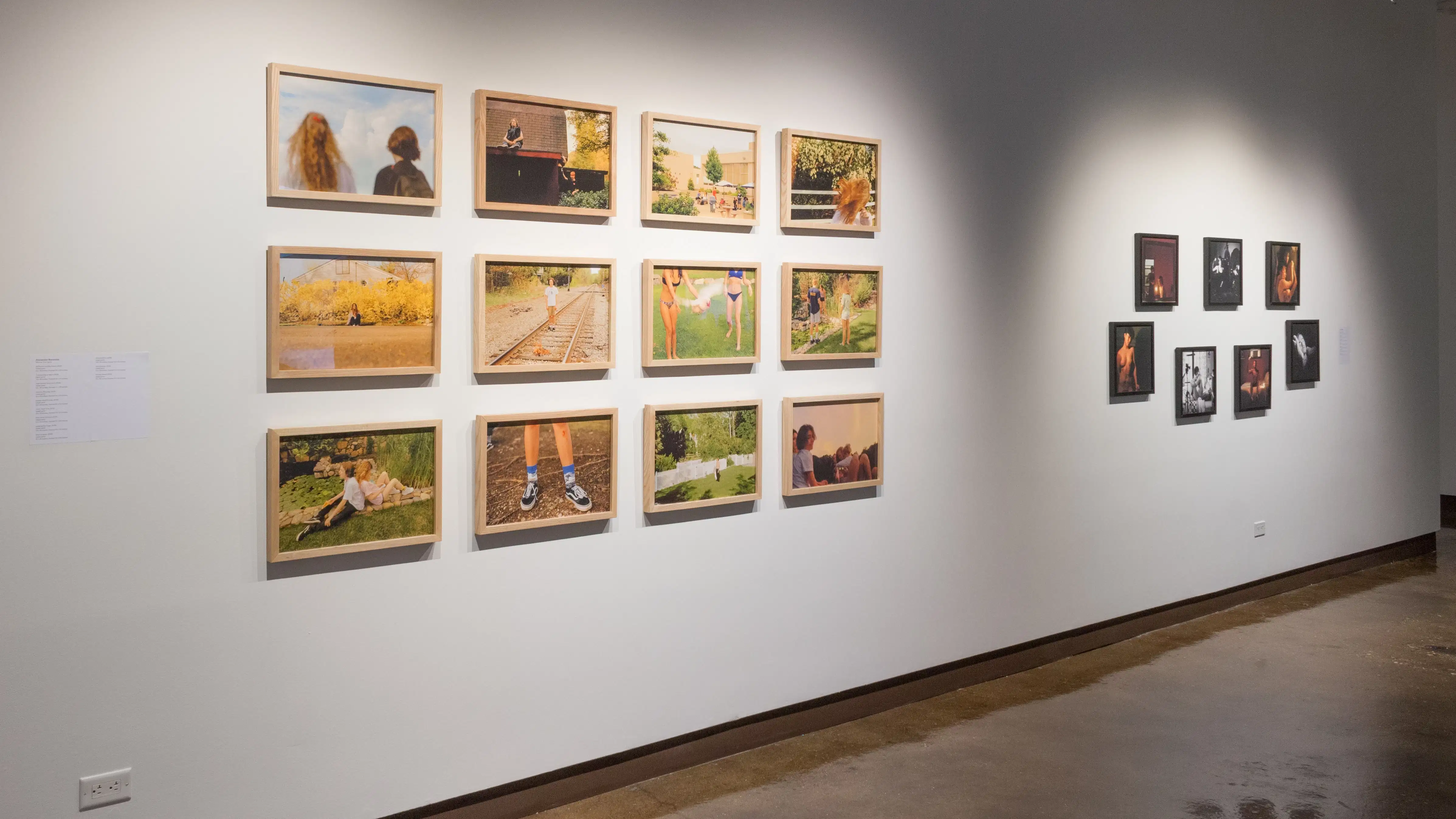 Opposite the projections, two groups of framed photographs are hung beside each other. One group is full of bright yellow and green photos. The other group is made up of darker, moodier photos.