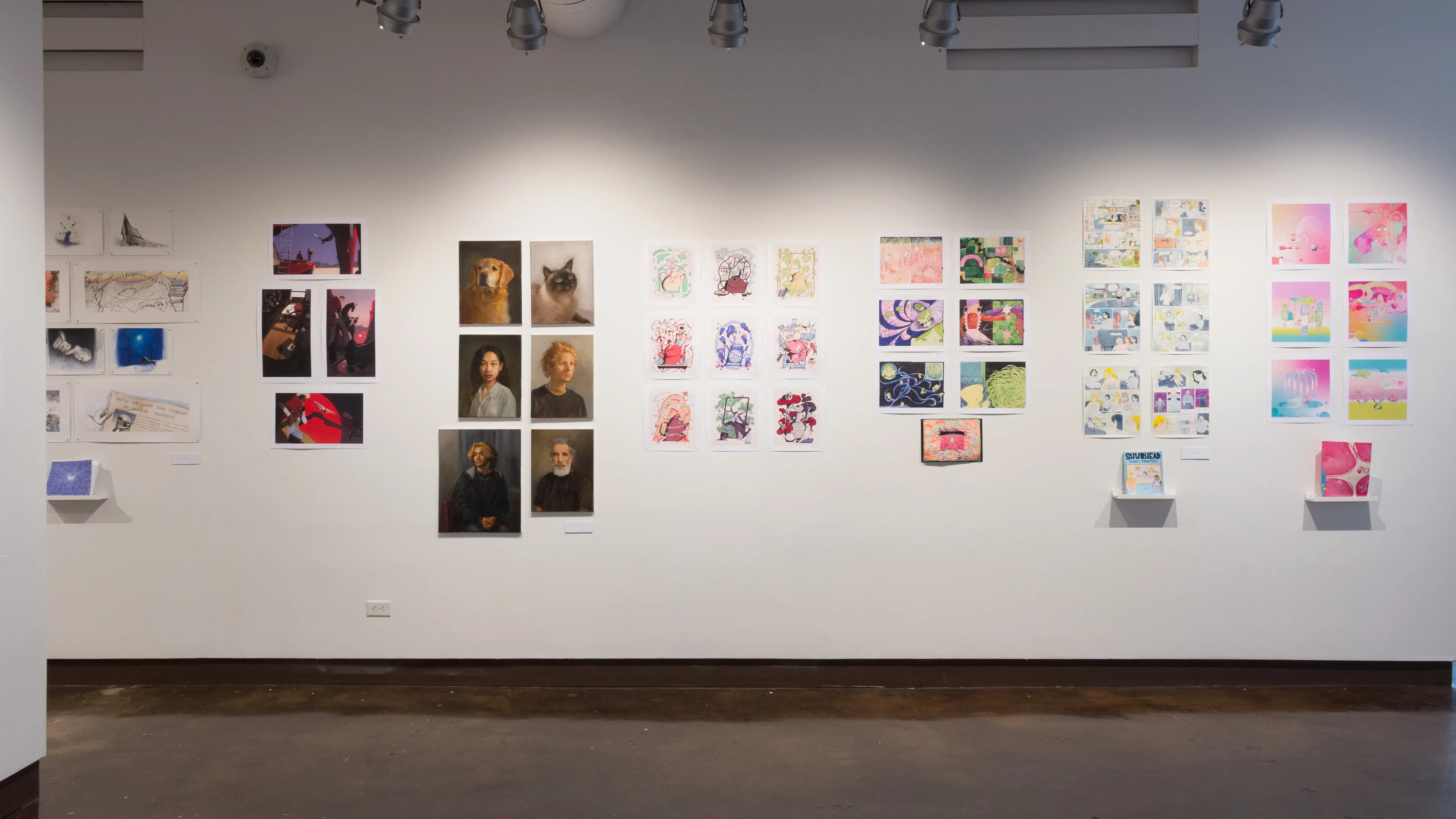 A  wall shows seven more projects containing prints and books. Some of the projects do not have books displayed beneath them, and some projects contain original paintings or drawings.