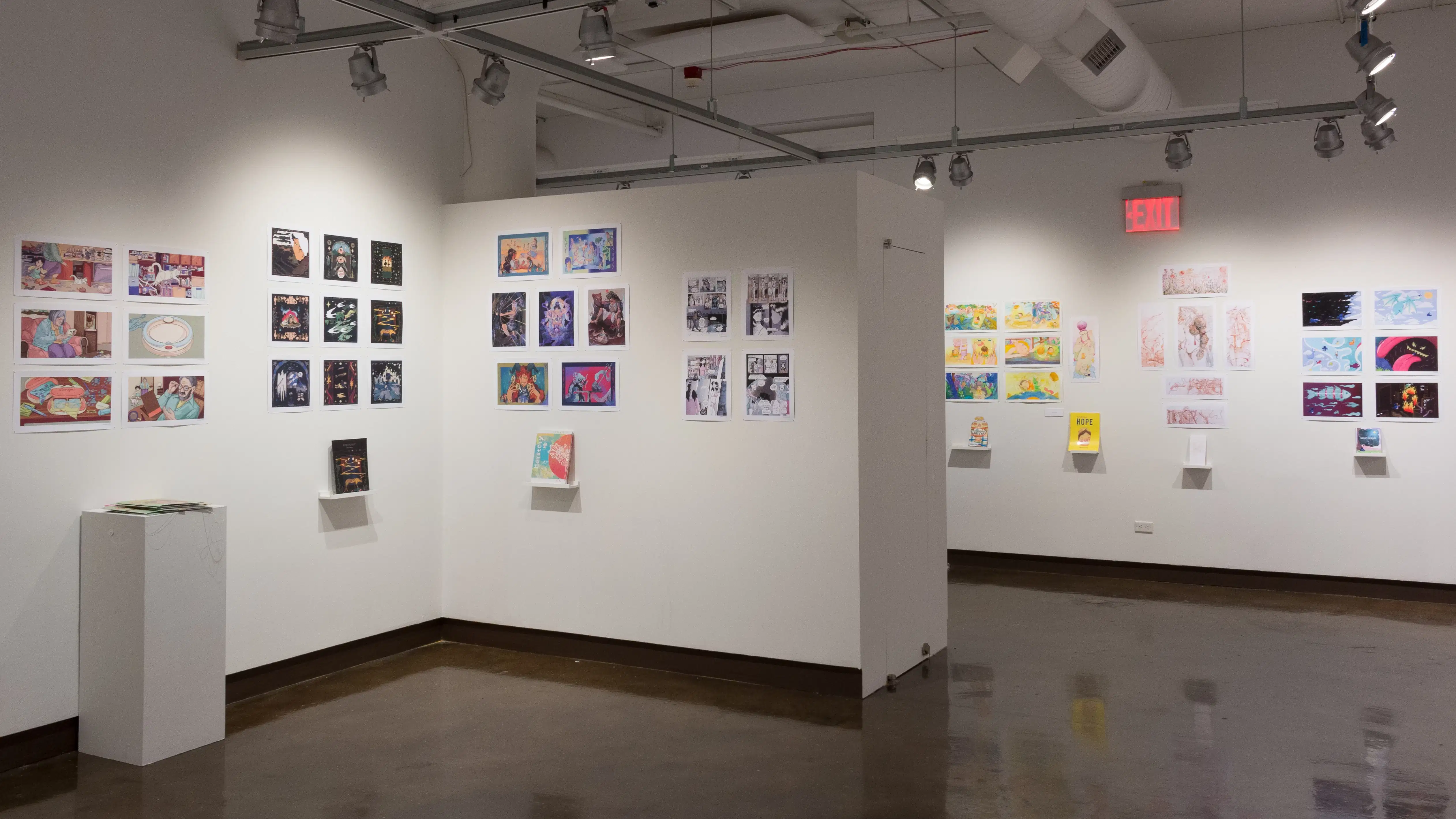 The prints hanging on the walls vary in dimension, style, and color. Books sit on shelves beneath the prints.