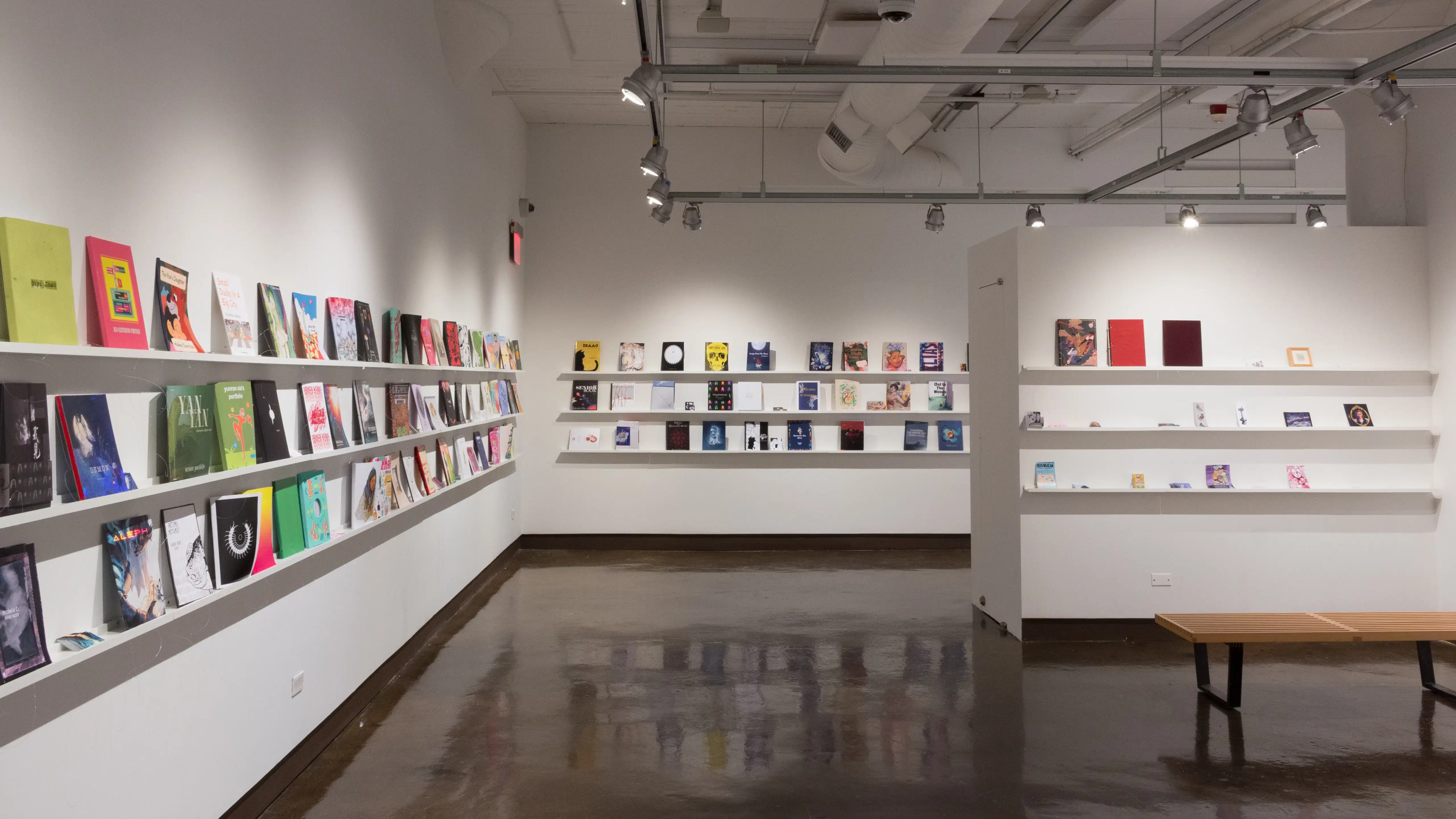 Colorful books are displayed in three rows lining the walls of gallery four. 