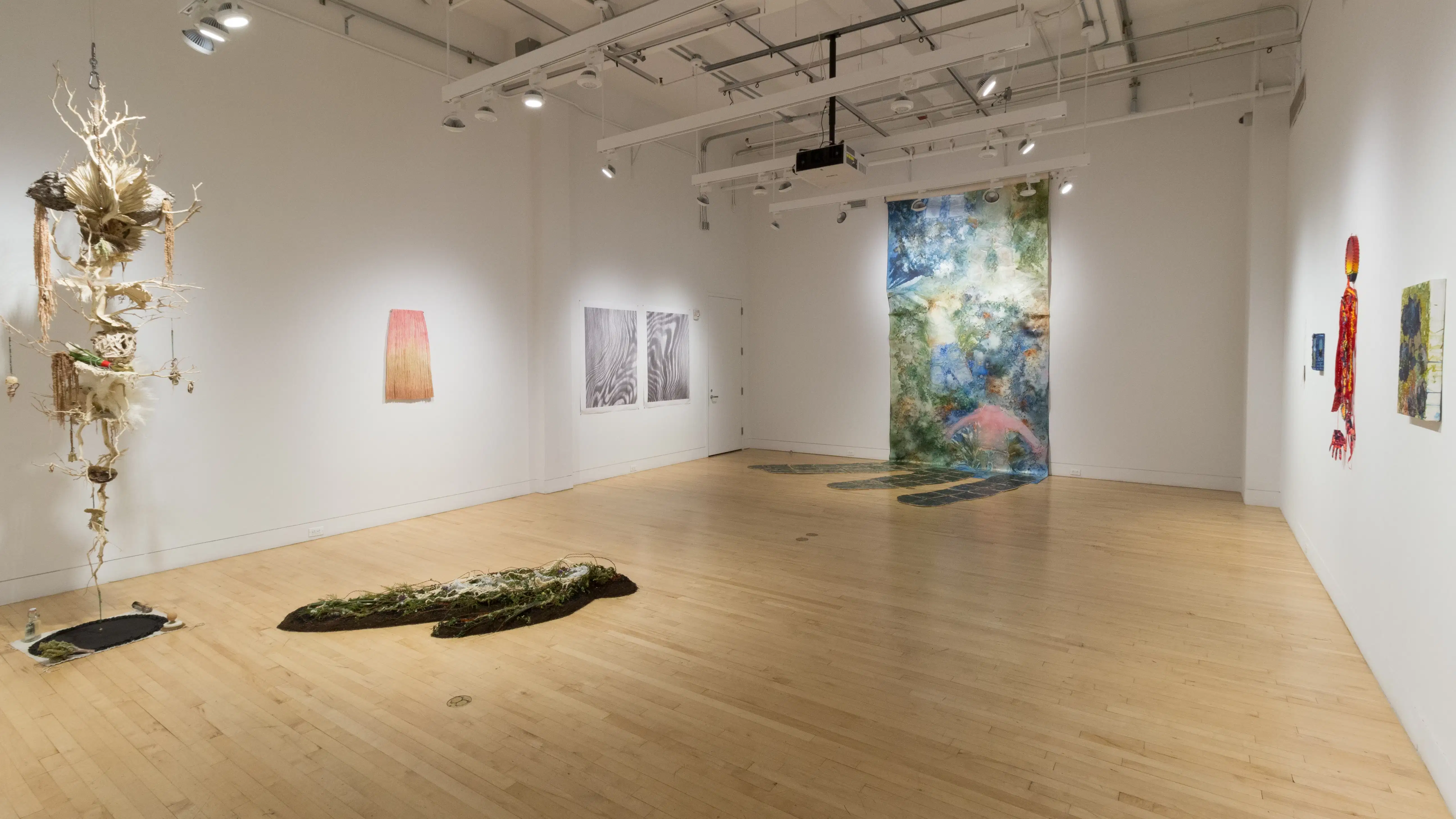 A view of the SVA Flatiron Gallery shows several works of various media, including sculptures, installations, paintings, and prints. The works appear to be inspired or influenced by nature.