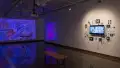 Installation image showing an angled view of a freestanding wall, with a monitor and collage installation in the foreground and two large projections in the background.