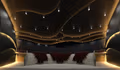 Rendering of a massive music hall with rope lights gently curving across the walls and ceiling, creating dim lighting throughout the space and its three seating sections.