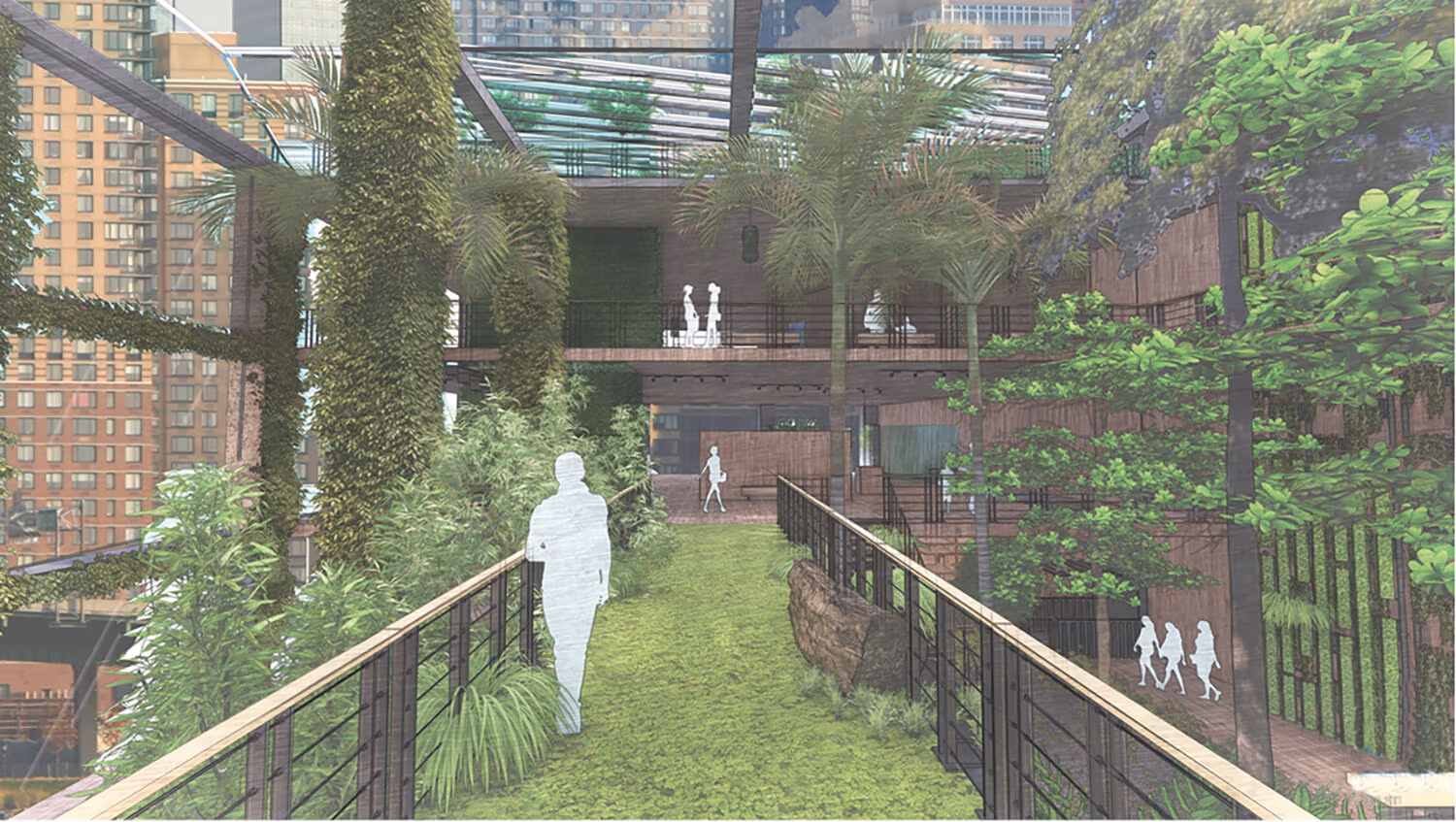 Inside a massive glass-enclosed space, trees and walkways host semitransparent white-colored figures as they look out onto the neighboring urban setting.