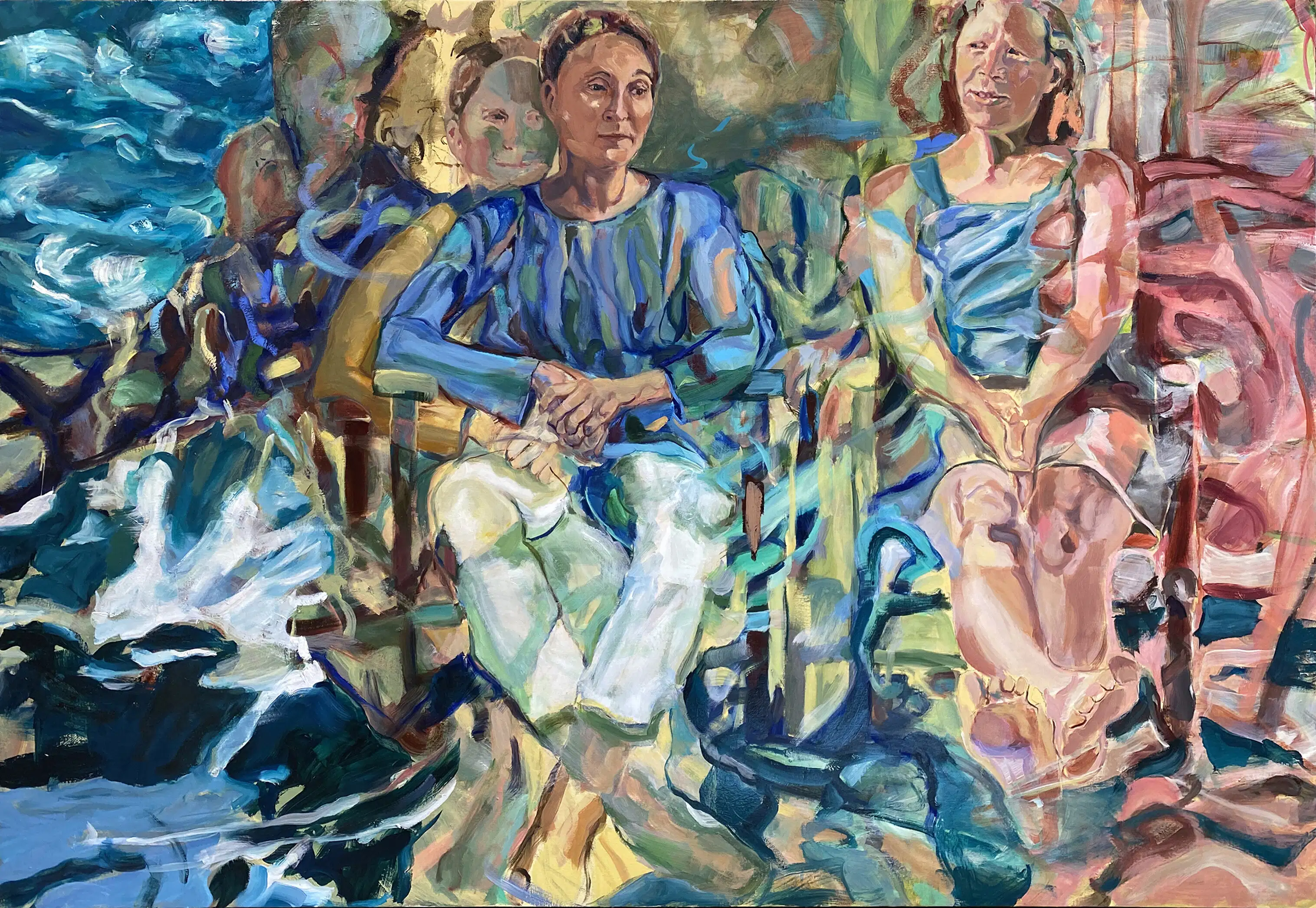 Painting of two women sitting in a colorful abstract background.