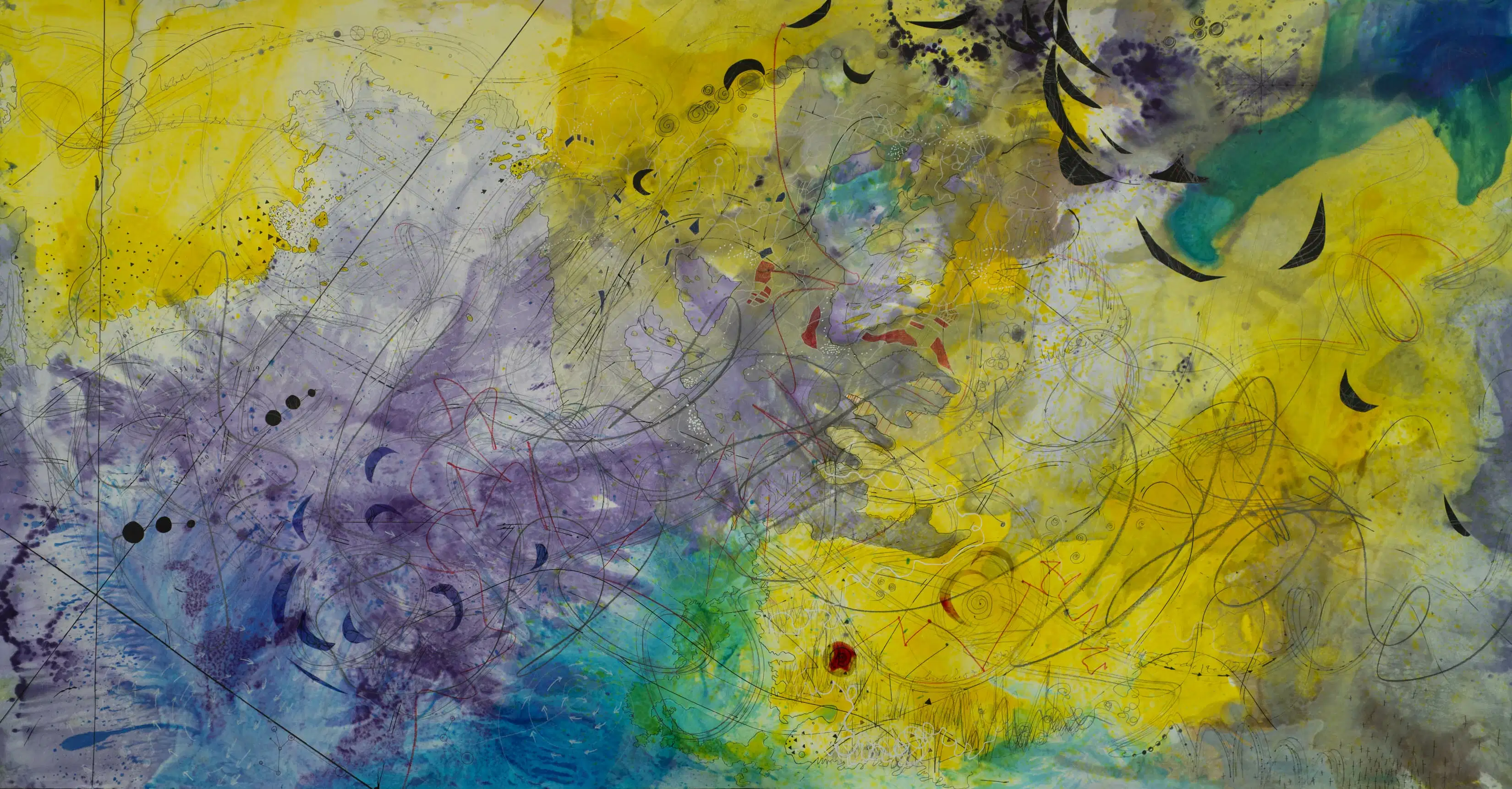 Yellow, purple and blue abstract watercolor