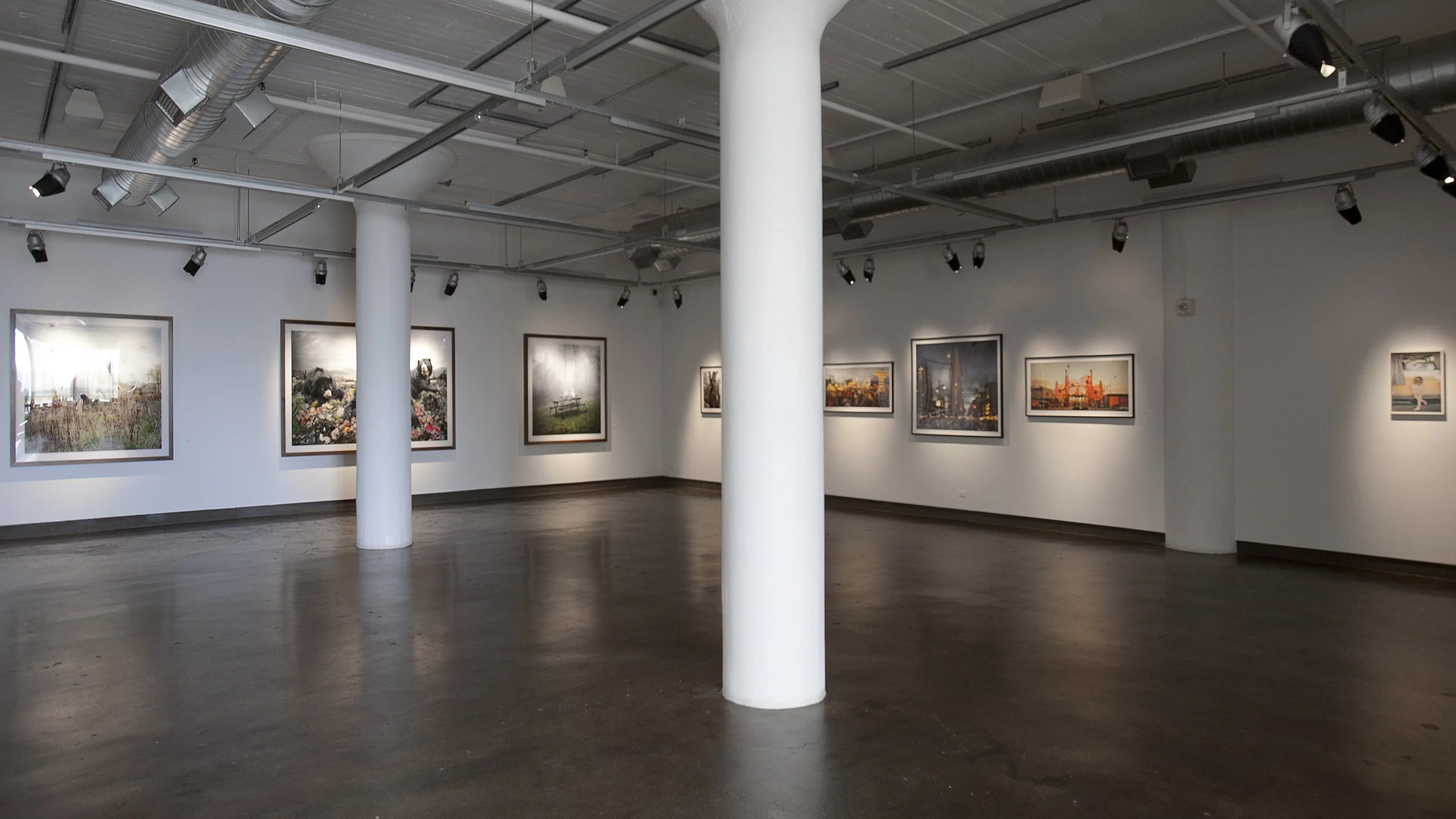 An art exhibit of still life subjects and landscapes.