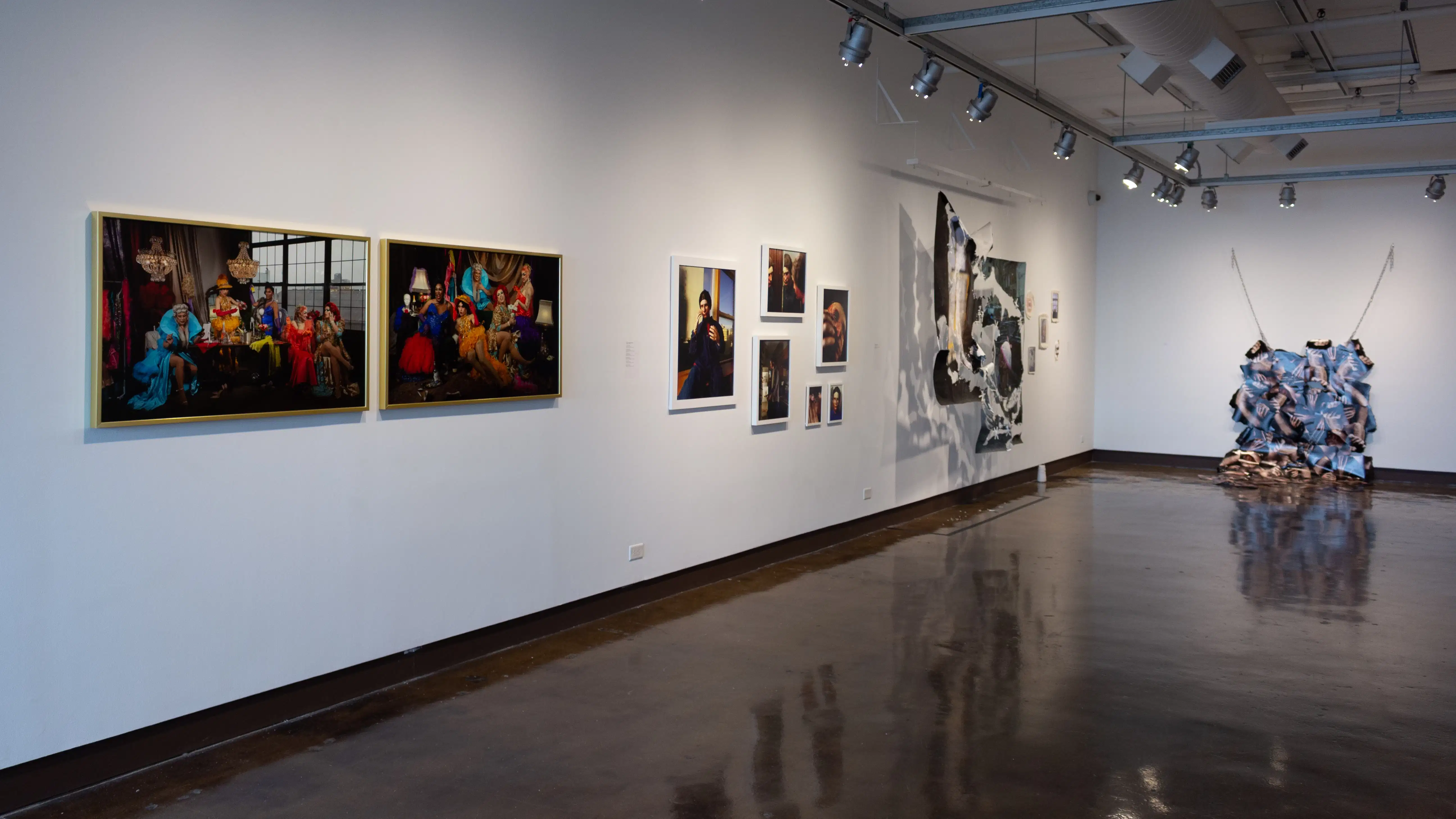 Installation image featuring 9 framed photographs and two hanging photo installations.