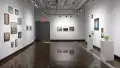 Installation image showing 11 framed photos on the left wall, three framed photos on the back wall, two pedestals with ceramics and photo installations behind on the right.