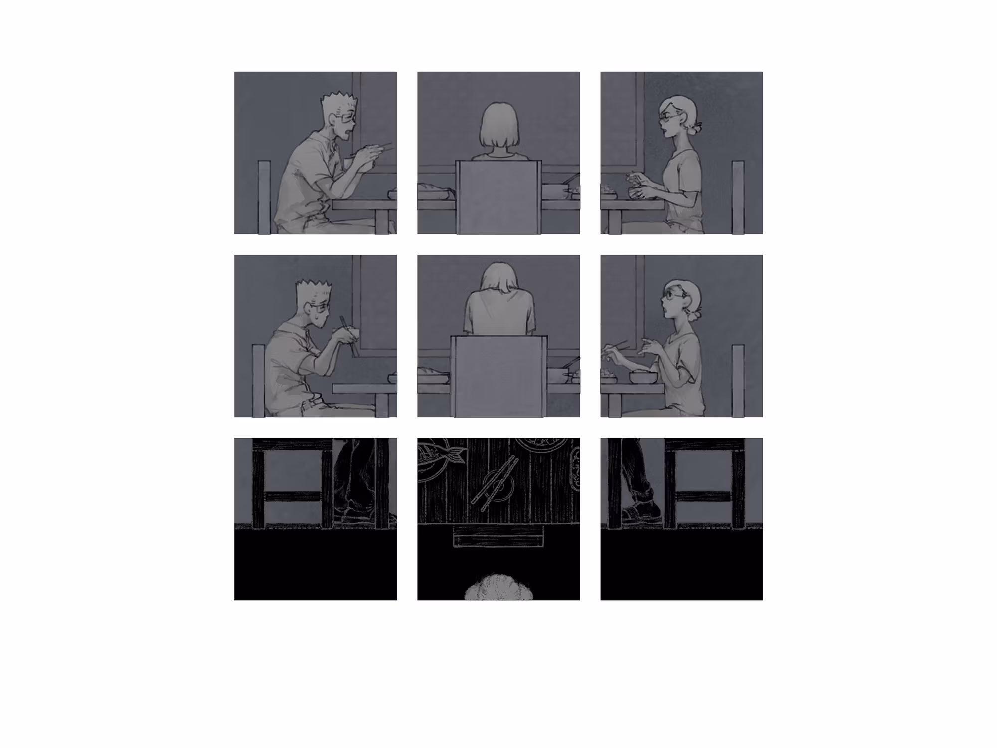 Screen still from Binhua Chen's Thesis project, 2022. Nine squares in a grid containing grey stills