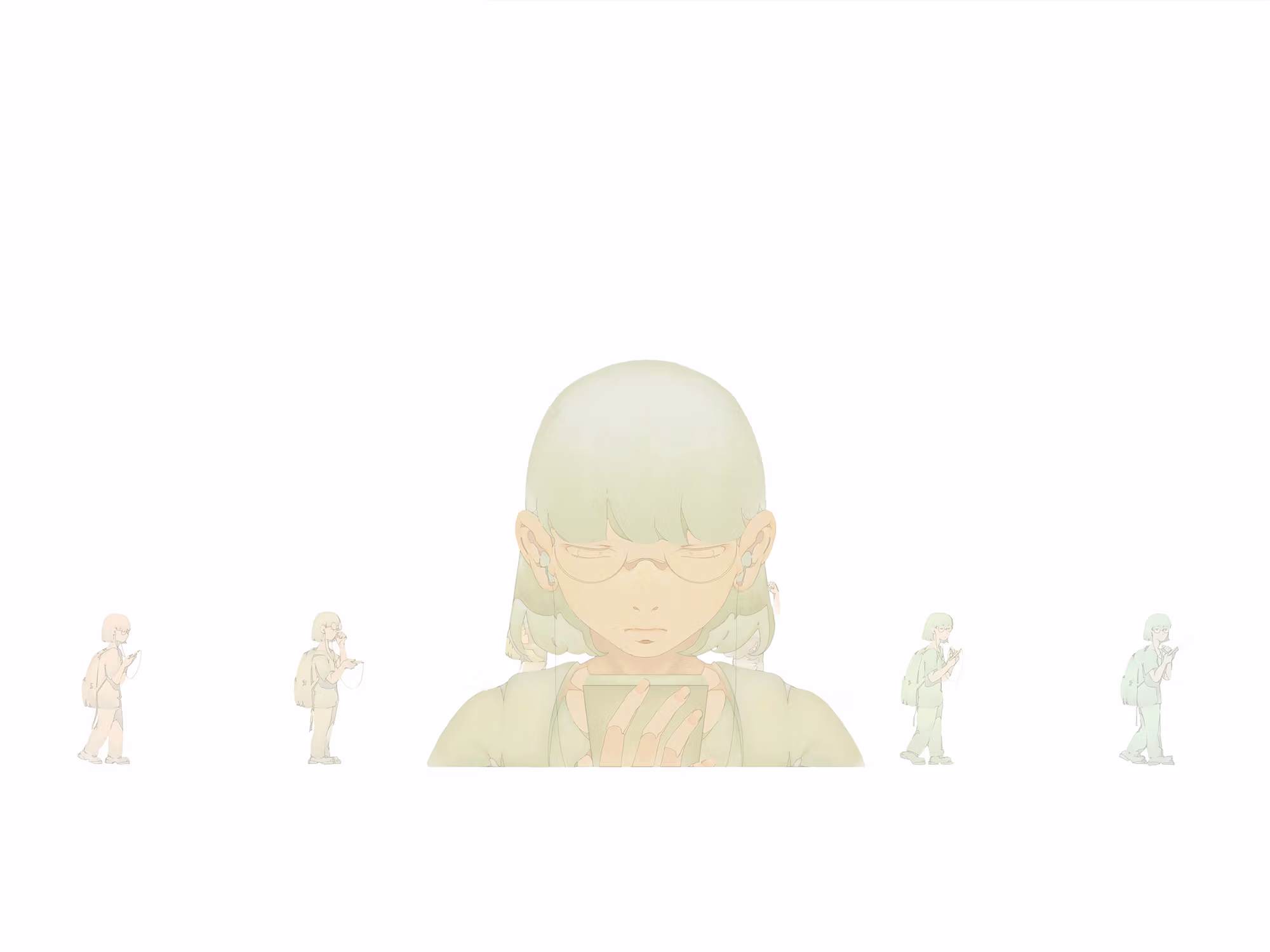 Screen still from Binhua Chen's Thesis project, 2022. figure bust looking at phone, with smaller figures on either side.