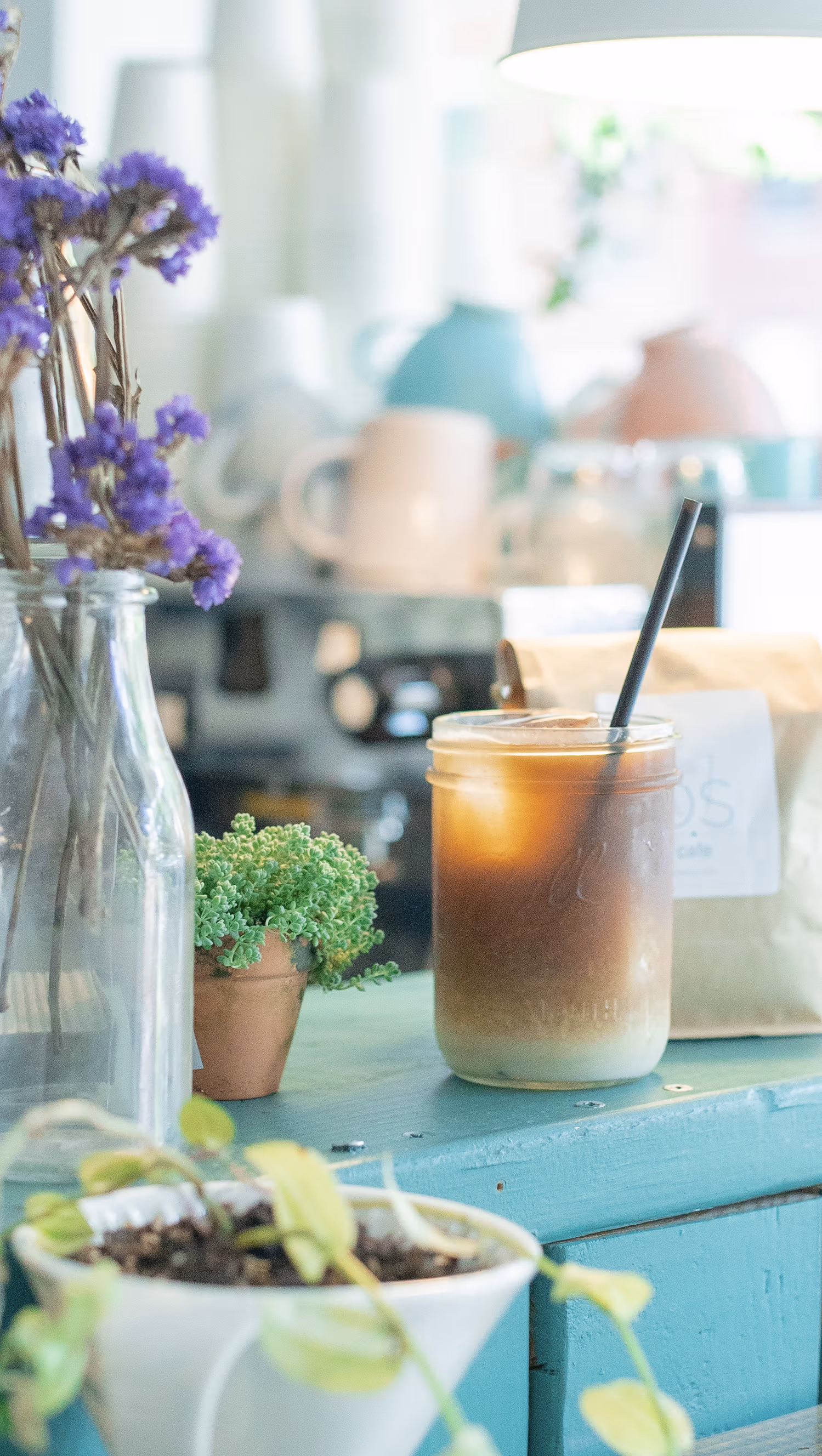 A color photograph of a cafe's interior, showing plants and a cold drink on the counter.