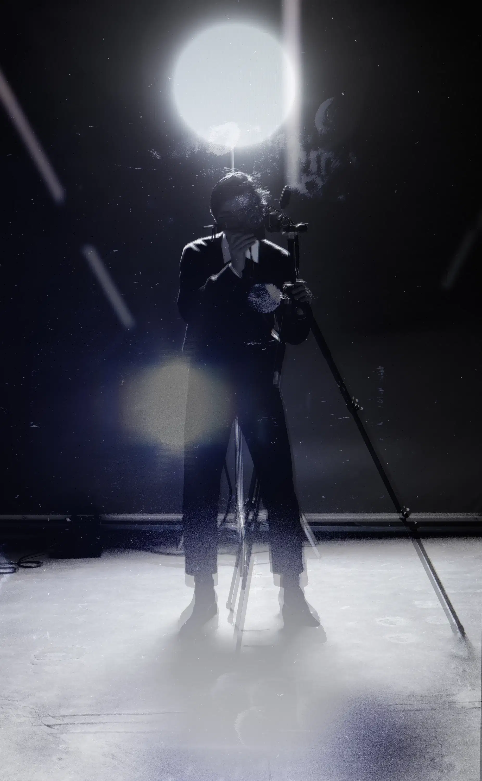 A color photograph of a self portrait taken with a studio flash and a tripod. The figure is looking at us, the viewer. There is another reflection of a flash in the middle of the image, as well as a reflection of a stripe lights that are creating a white mark on the photograph.