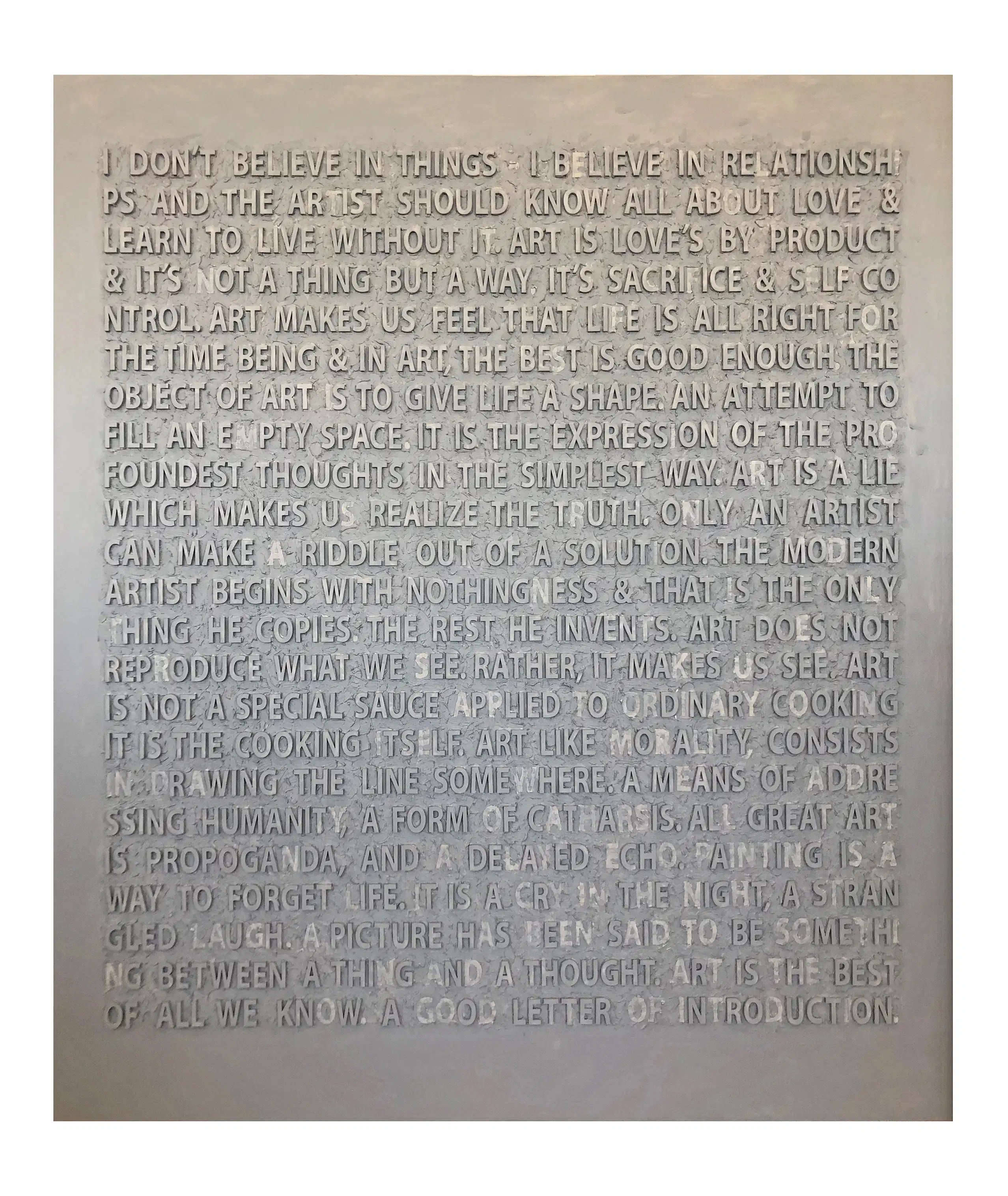 A grey painting made of text.