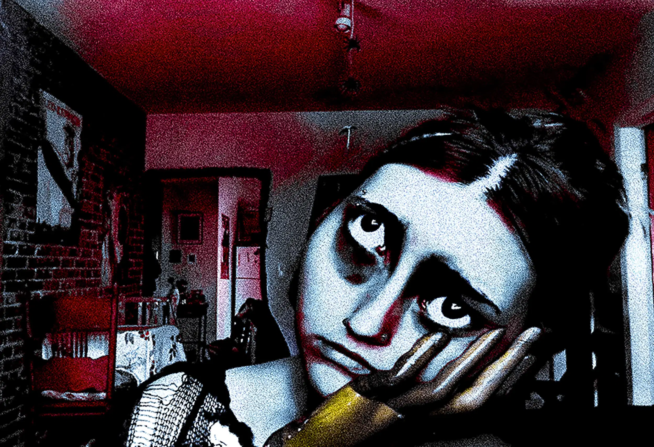 Blue and red toned photograph of a woman's distorted face, resting on a wooden hand and gazing up 