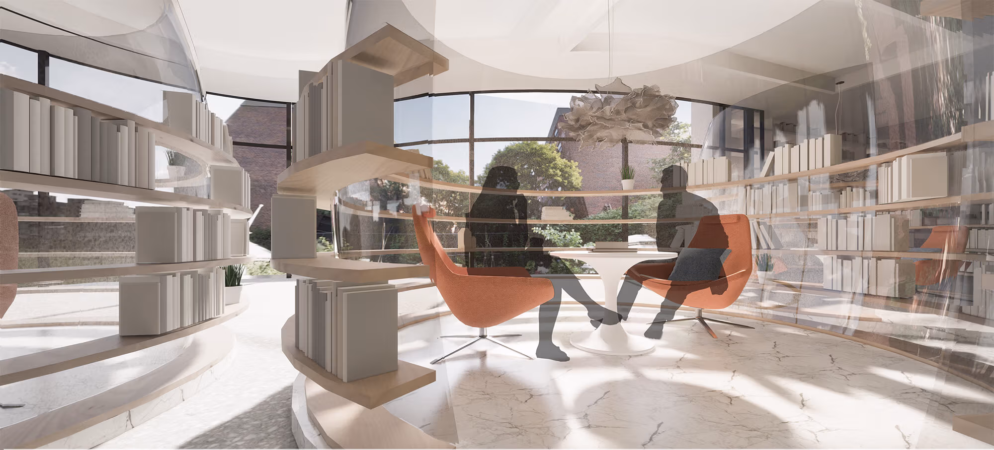 Two semitransparent gray figures sit in two scooped orange chairs while surrounded by curved bookcases in a brightly lit room.