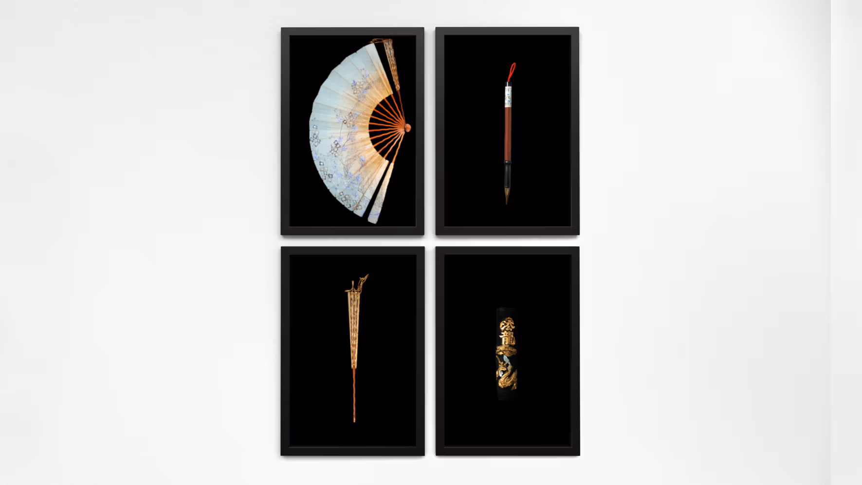 Grid of four color photographs in a 2 x 2 configuration, all featuring one object against a black background, in black frames.