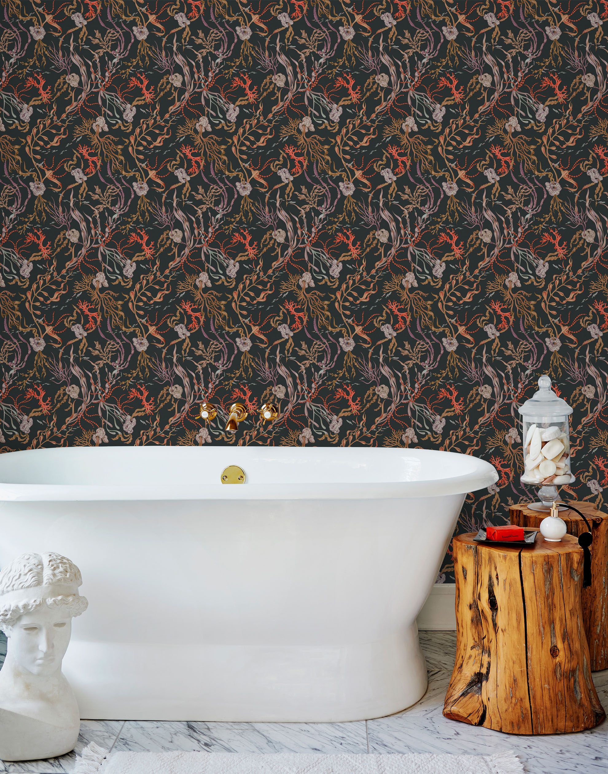 A color photograph of detailed wallpaper installed in a bathroom.