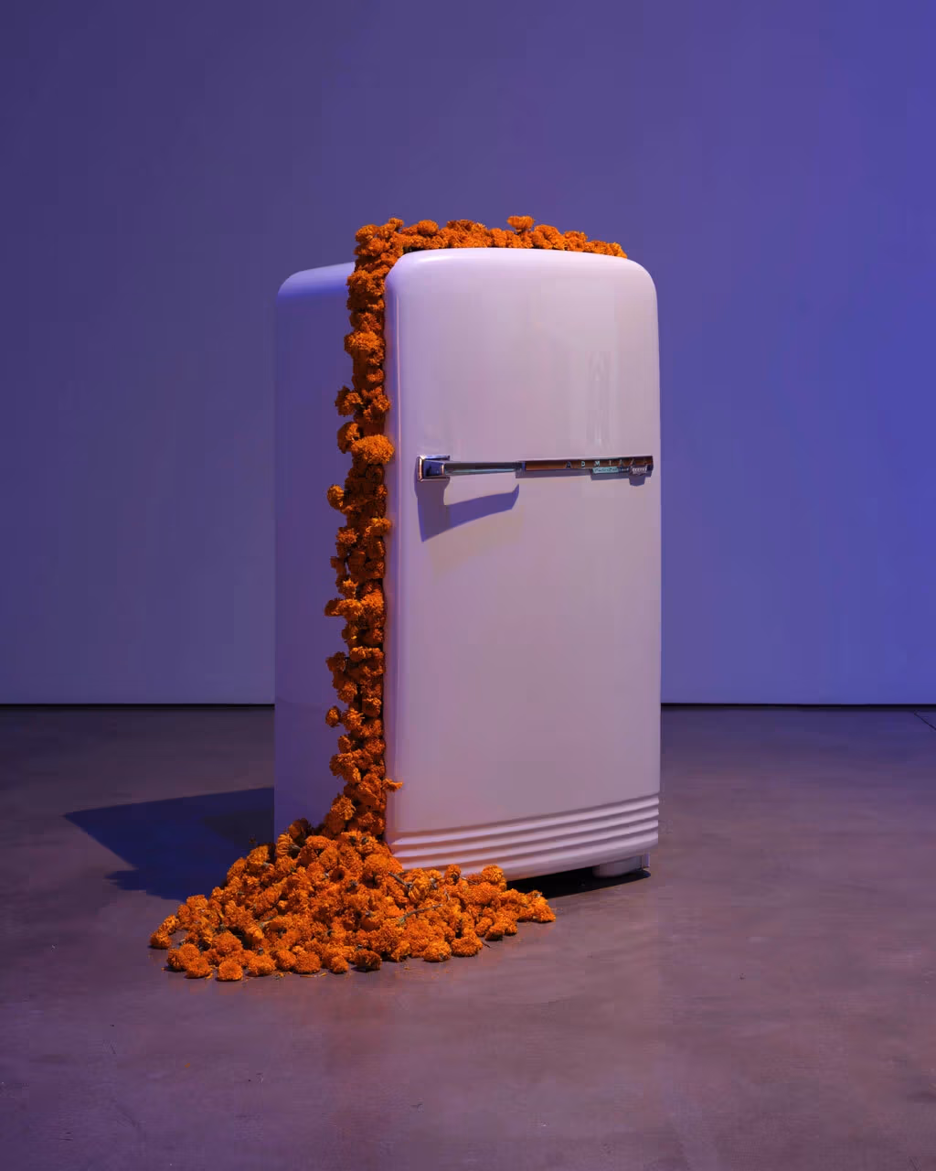 A picture of a refrigerator, with its doors mostly closed but with a large amount of orange flowers bursting through the crack and scattering across the floor. 