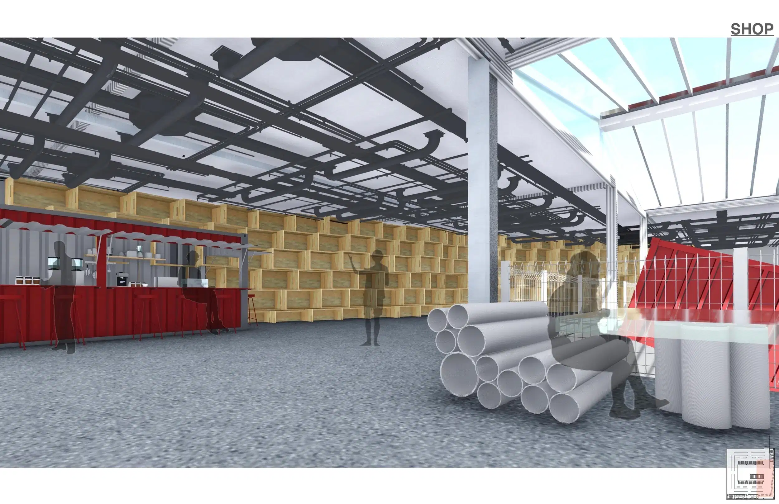 Designed interior with key elements built from recycled industrial materials including a food stand made from a shipping container and matching set of table and chairs from PVC pipes.