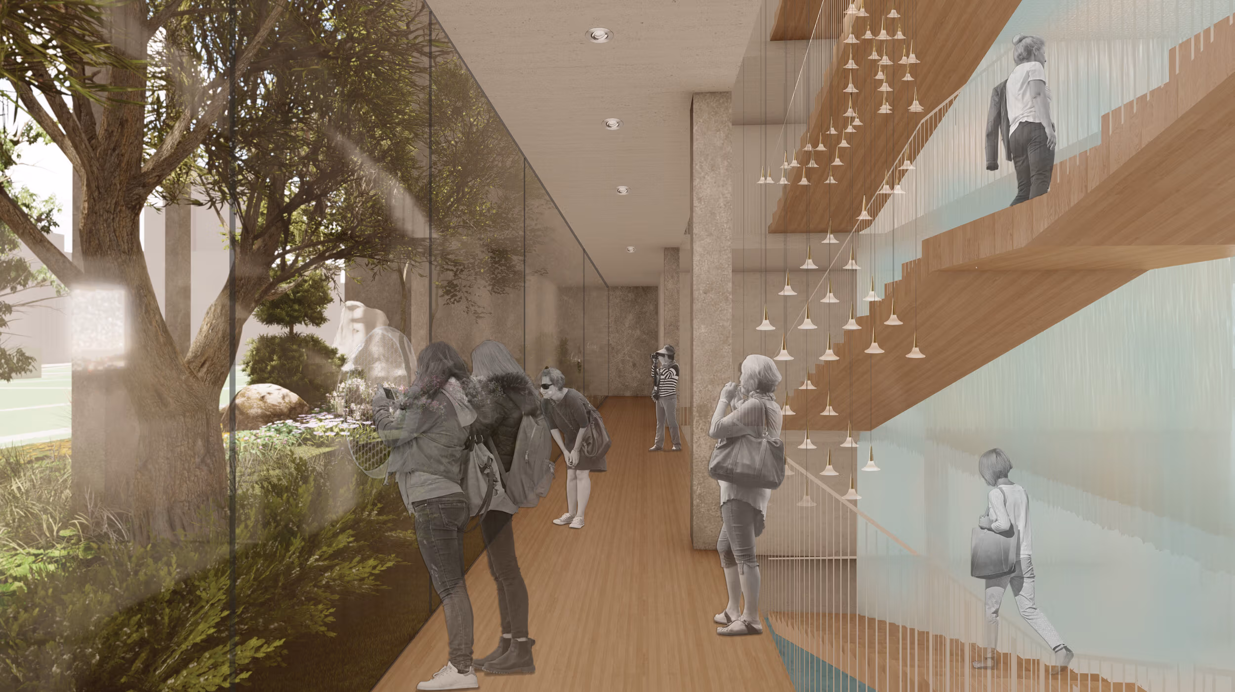Rendering of a designed space showing grayscale figures looking through windows at trees and greenery, walking up stairs, and exploring the depicted space.