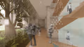 Rendering of a designed space showing grayscale figures looking through windows at trees and greenery, walking up stairs, and exploring the depicted space.