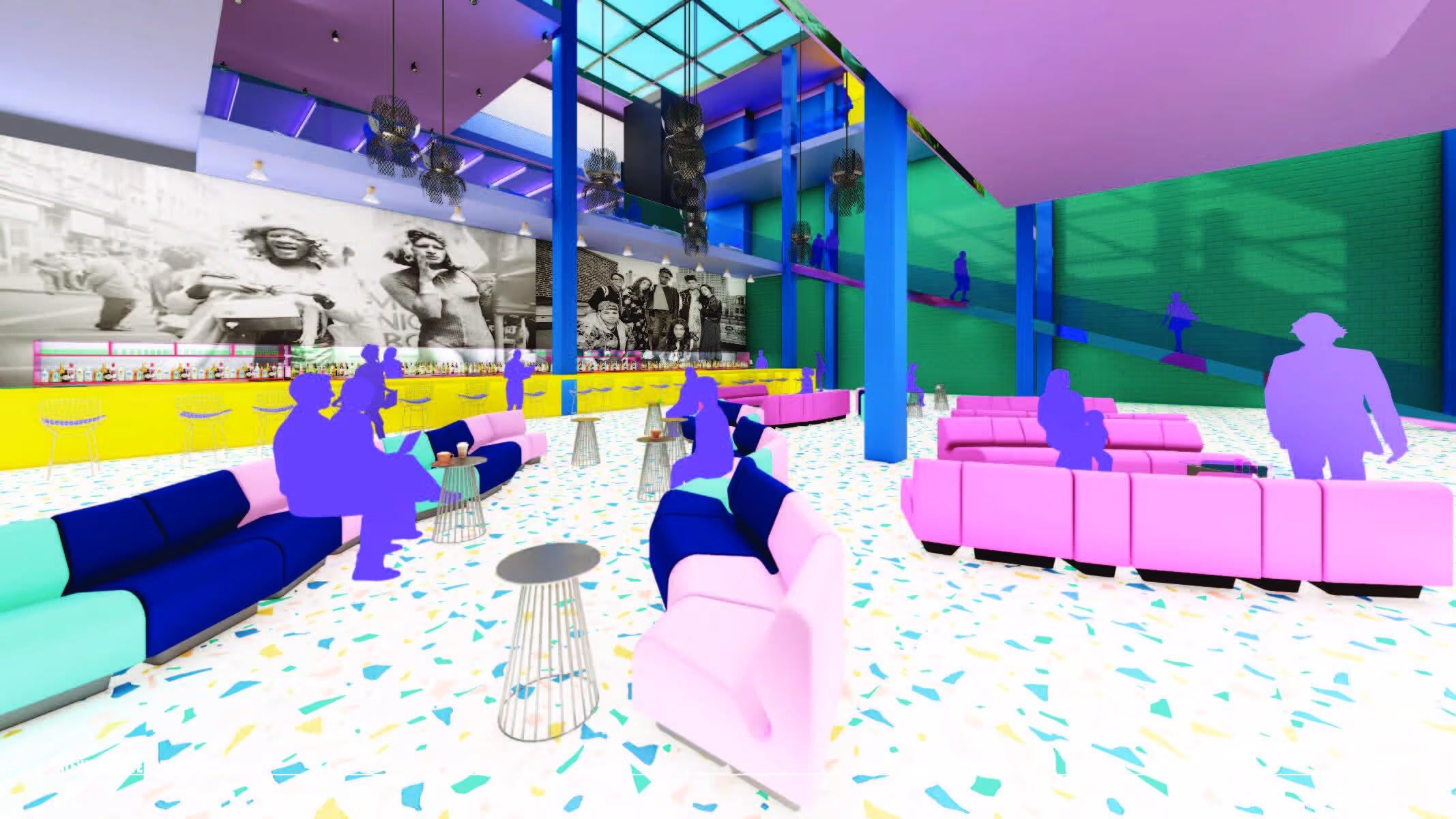 Brightly colored interior showing gently curving modular couches spread across a terrazzo floor. In the background is an oversized photo mural of transgender activists Marsha P. Johnson and Sylvia Rivera walking down a street. 