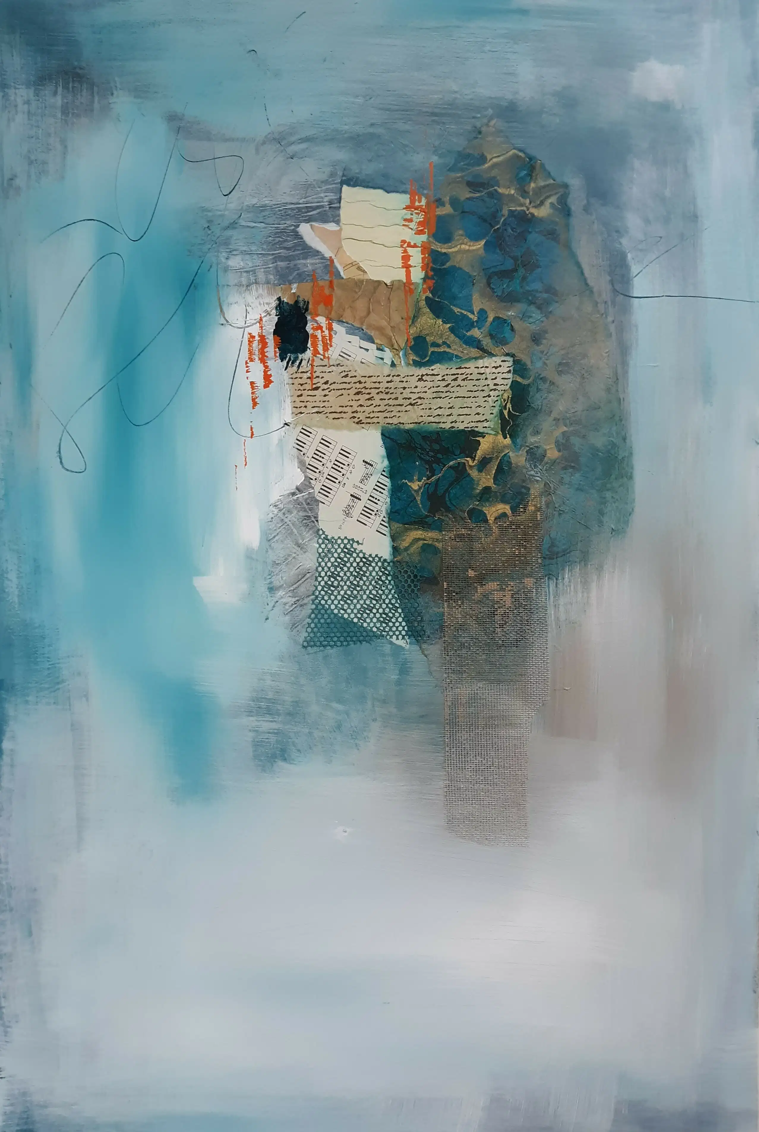 Mixed Media Collage painting with cut paper in blue and grey orange.