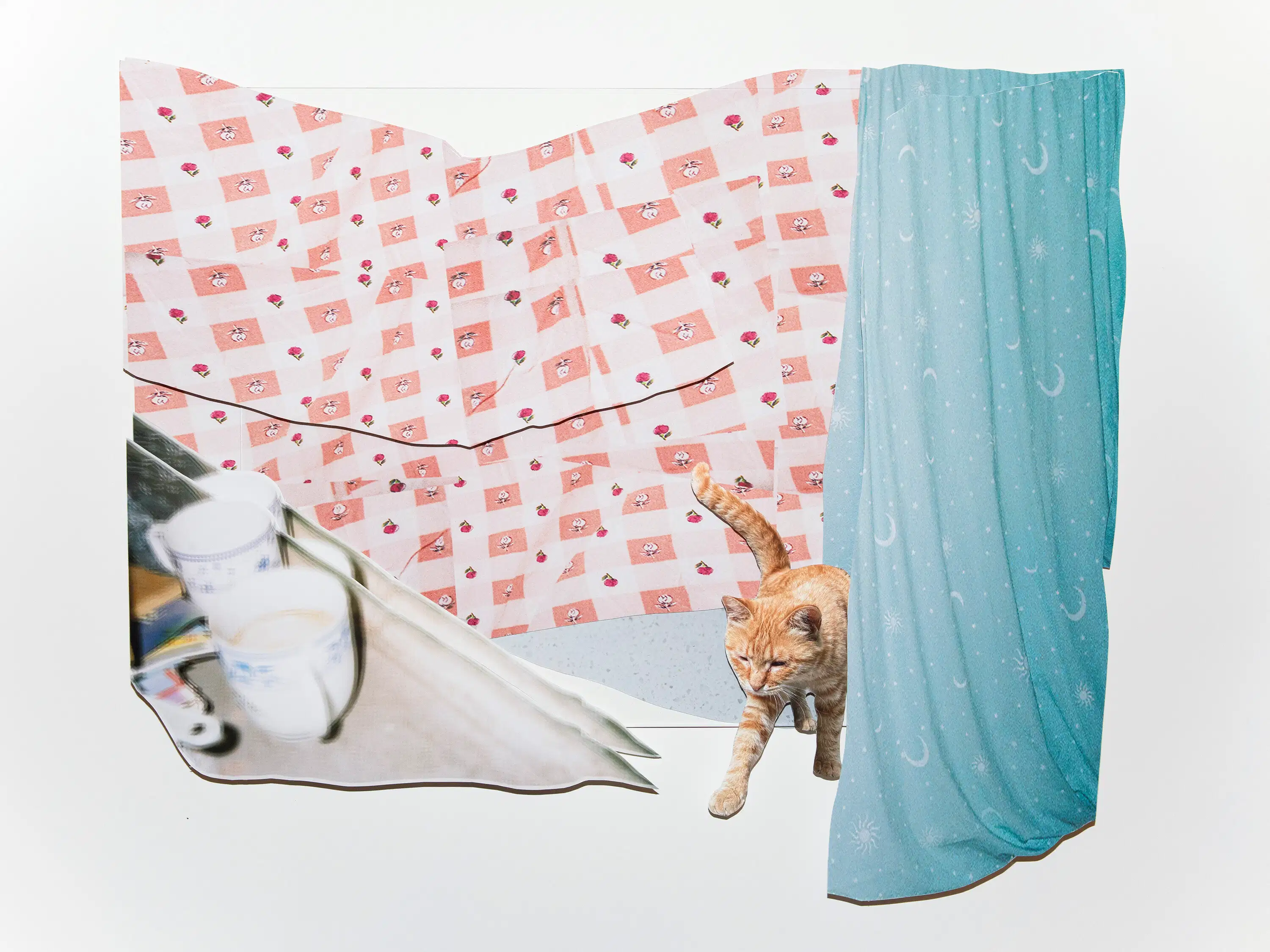 Color photograph of an installation shot from Xunzhen Zhu’s photographic 3D collages series “House Hold”. A collaged domestic scene combined photographs of blue curtain, pink floral bed sheets, window sill and a cat.  				