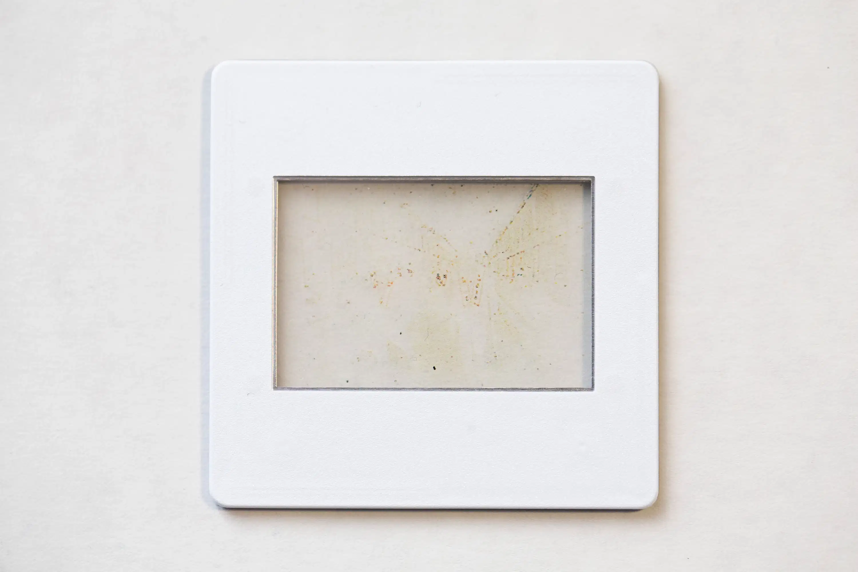 A Slide in plastic holder with content removed leaving dust, grain and fungus.