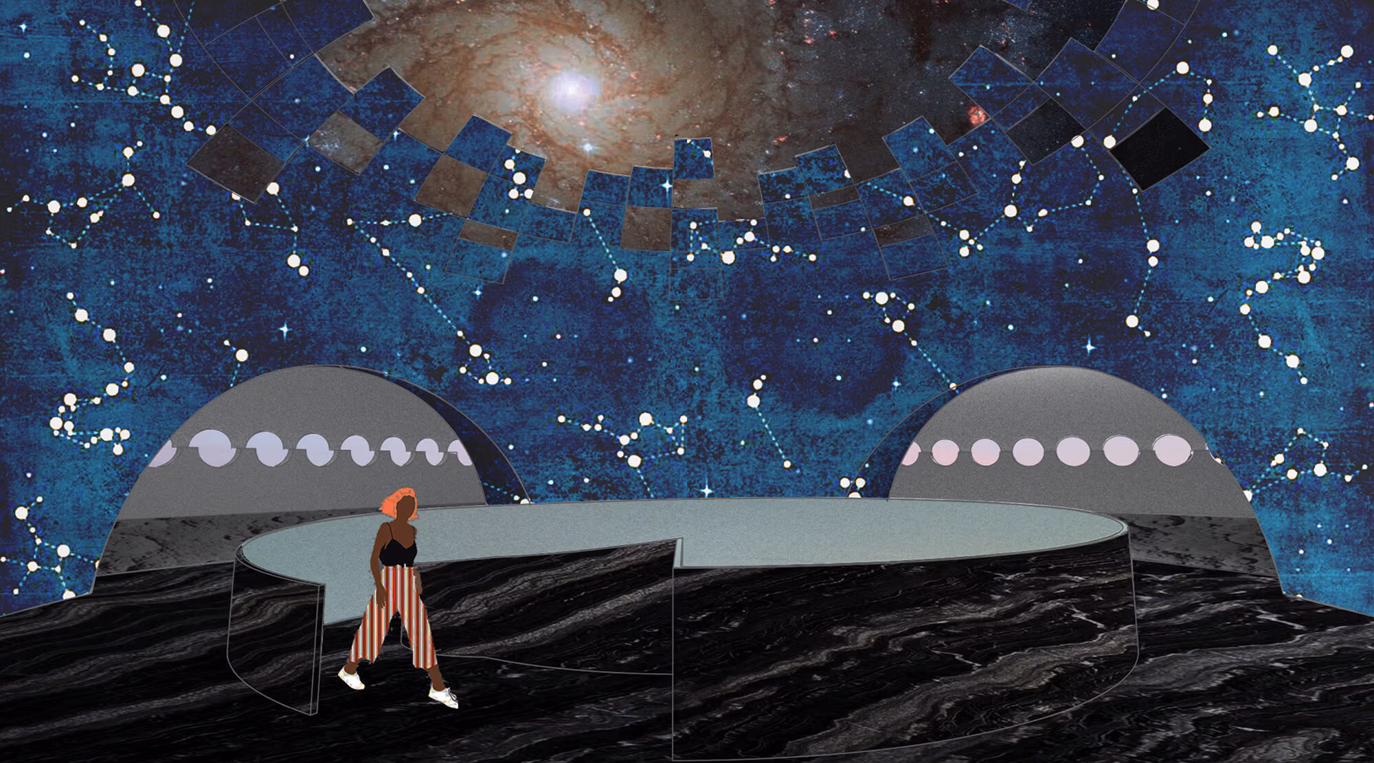Graphic depiction of a room designed with astronomical elements including a ceiling image of a galaxy and walls covered in constellations. 