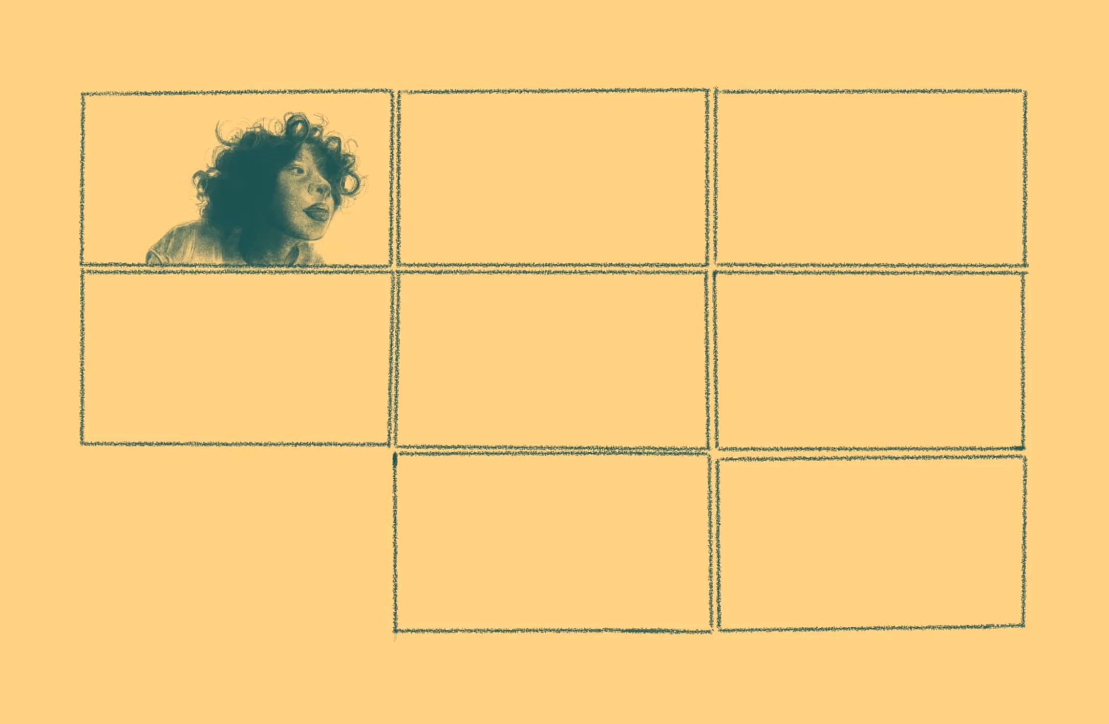 Pencil drawing on yellow paper of eight zoom squares, all empty except woman with curly hair in upper left.