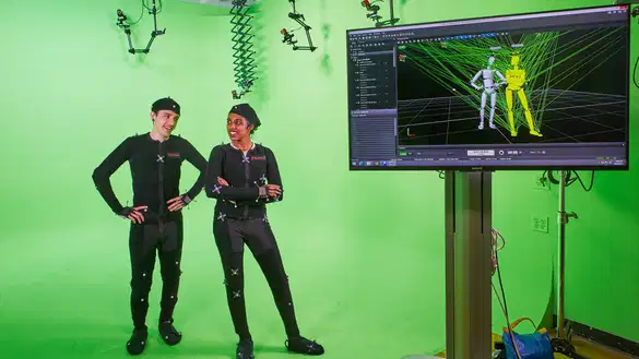 Students working in the 3D Animation and Visual Effects Green Screen Studio.