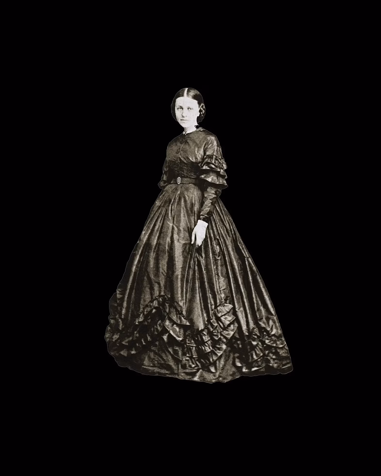 A black and white photograph of a 19th century woman against a black background.