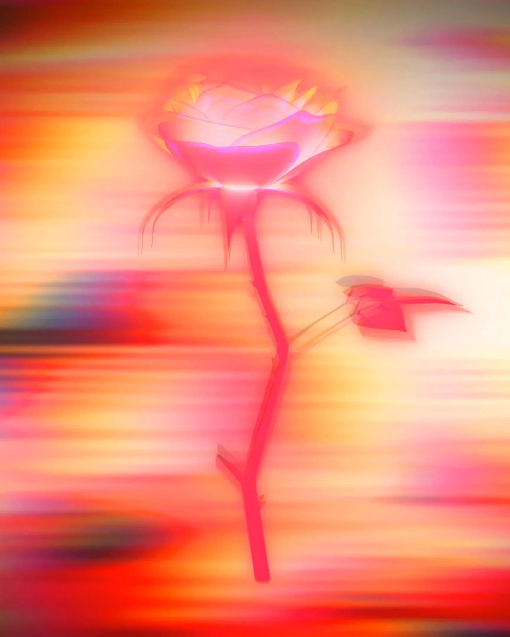 Still from A New Nature of a cartoon illustration of a rose and a blurred background. In A New Nature, artist Mark Dorf meditates on the possible trajectories of ecology, society, and technology and what they mean for the planet.