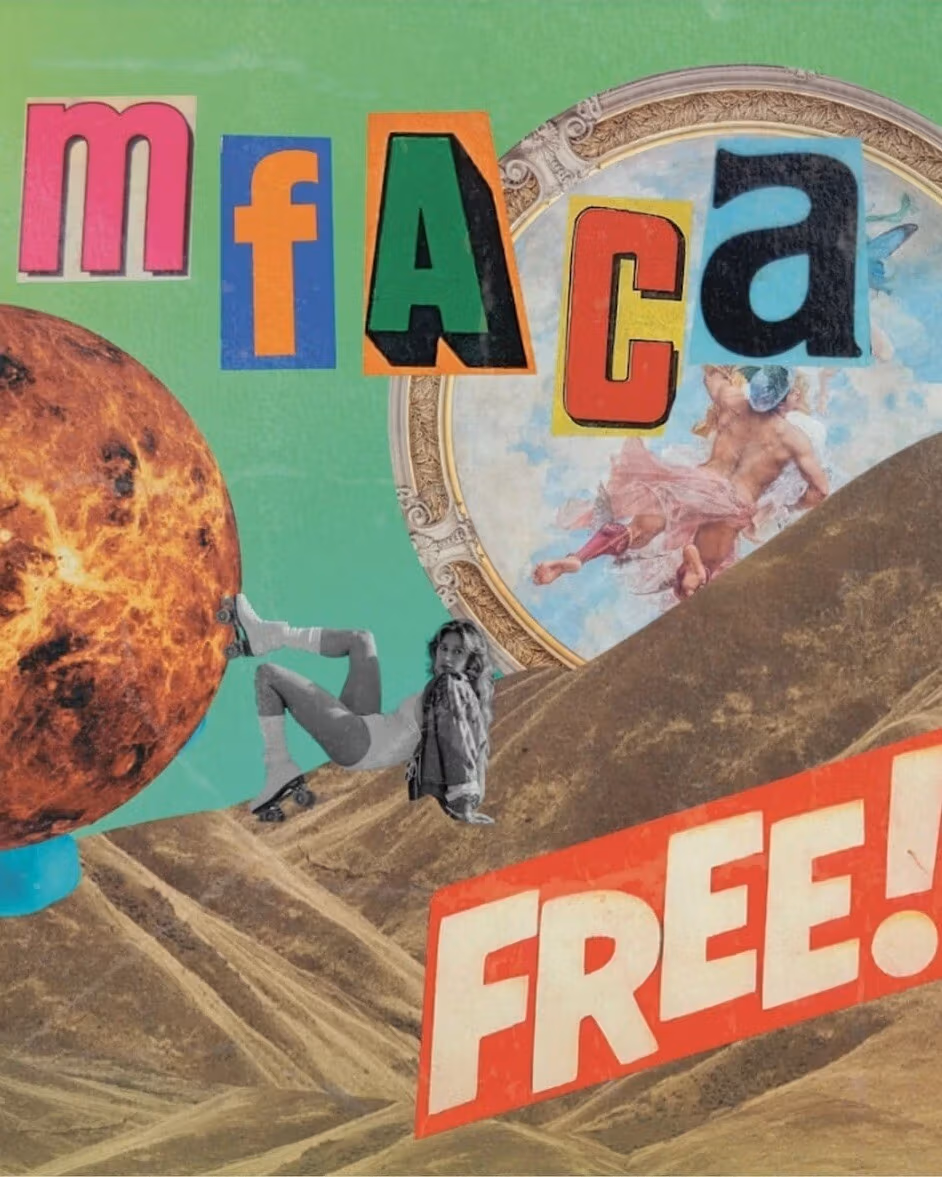 a woman kicking a planet in a surreal desert landscape.