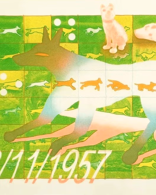 Color print showing a stylized dog running against a gridded background, with the date "3/11/1957" overlayed in a sans serif font.