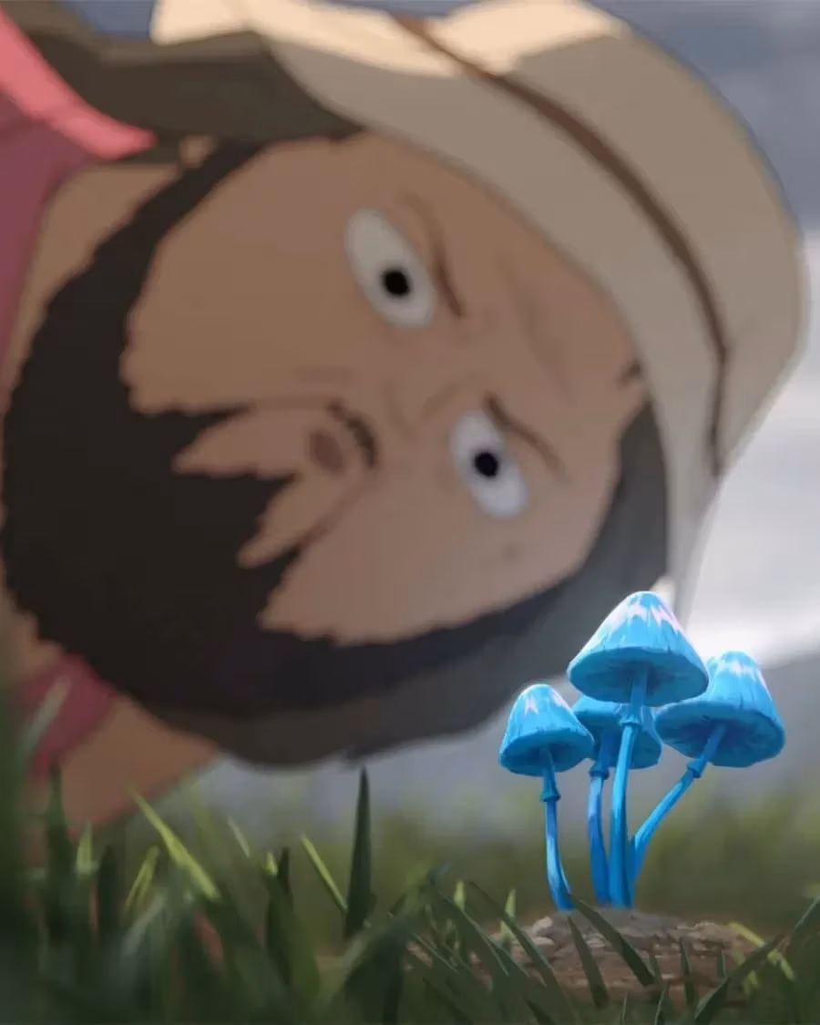 A bearded animated man in a hat peers closely at three glowing blue mushrooms in a grassy field, creating a curious and whimsical tone.