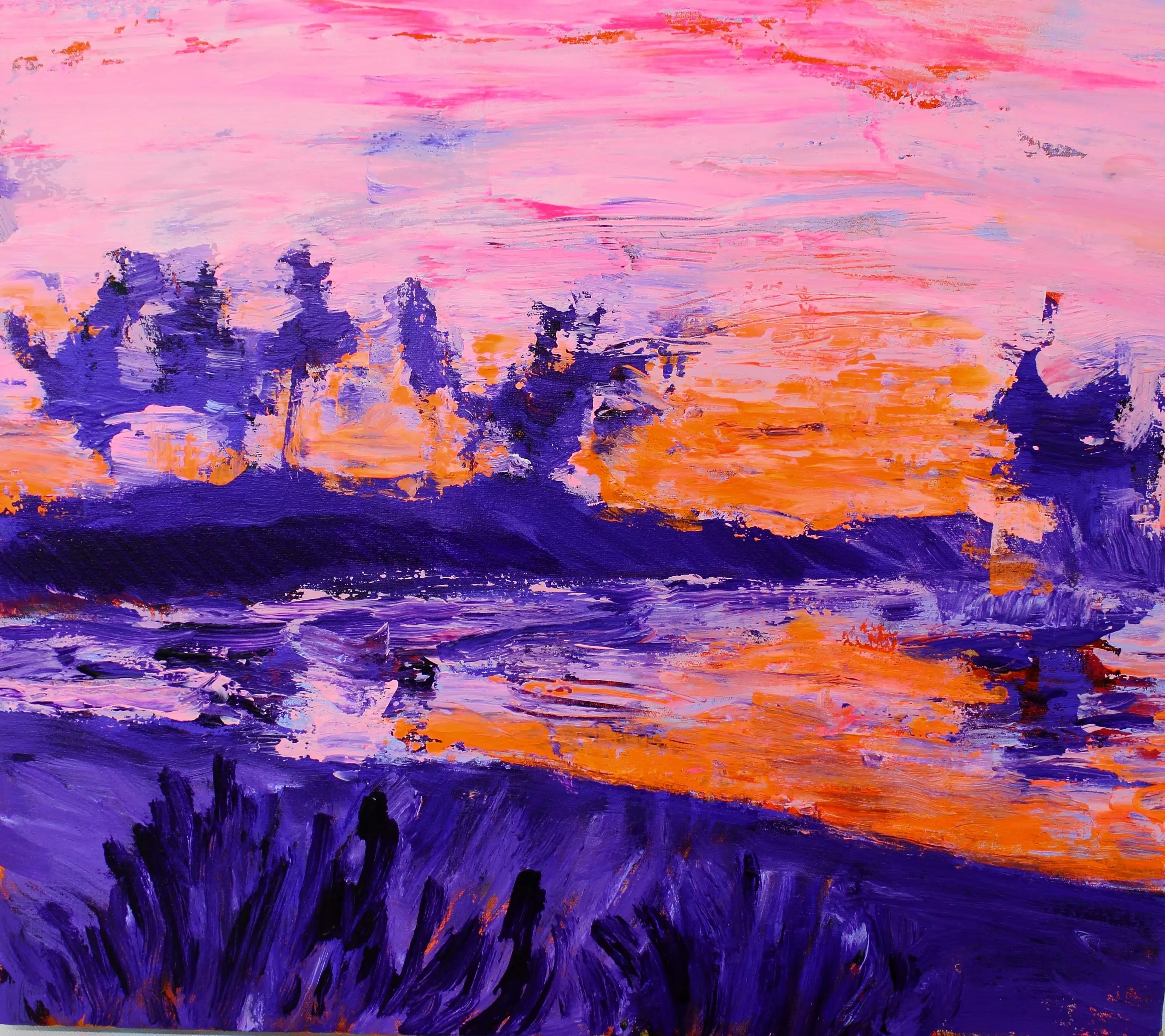 An oil painting of a landscape at sunset with trees and water bathed in colors of purple, orange and pink.