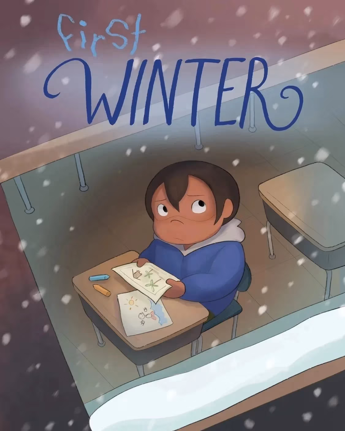 A boy sitting at a desk with a crayon drawing of a tropical setting looks through a window at the snowy outside.
