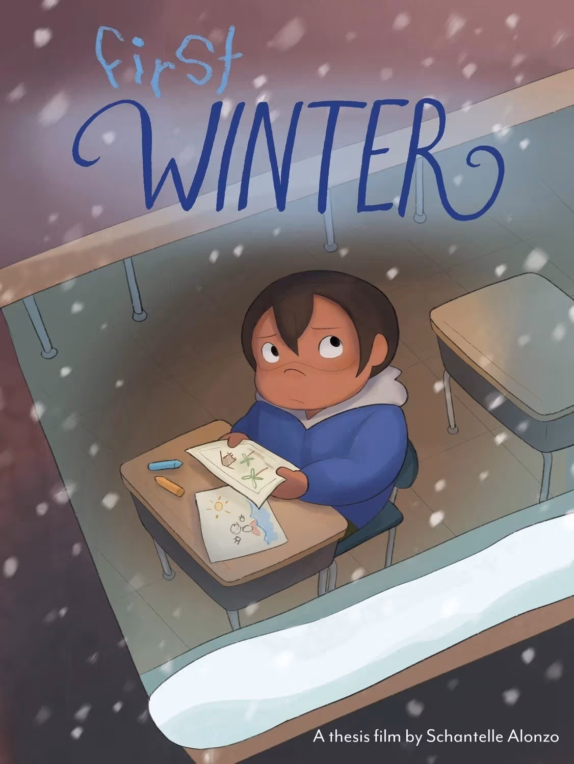 A boy sitting at a desk with a crayon drawing of a tropical setting looks through a window at the snowy outside.