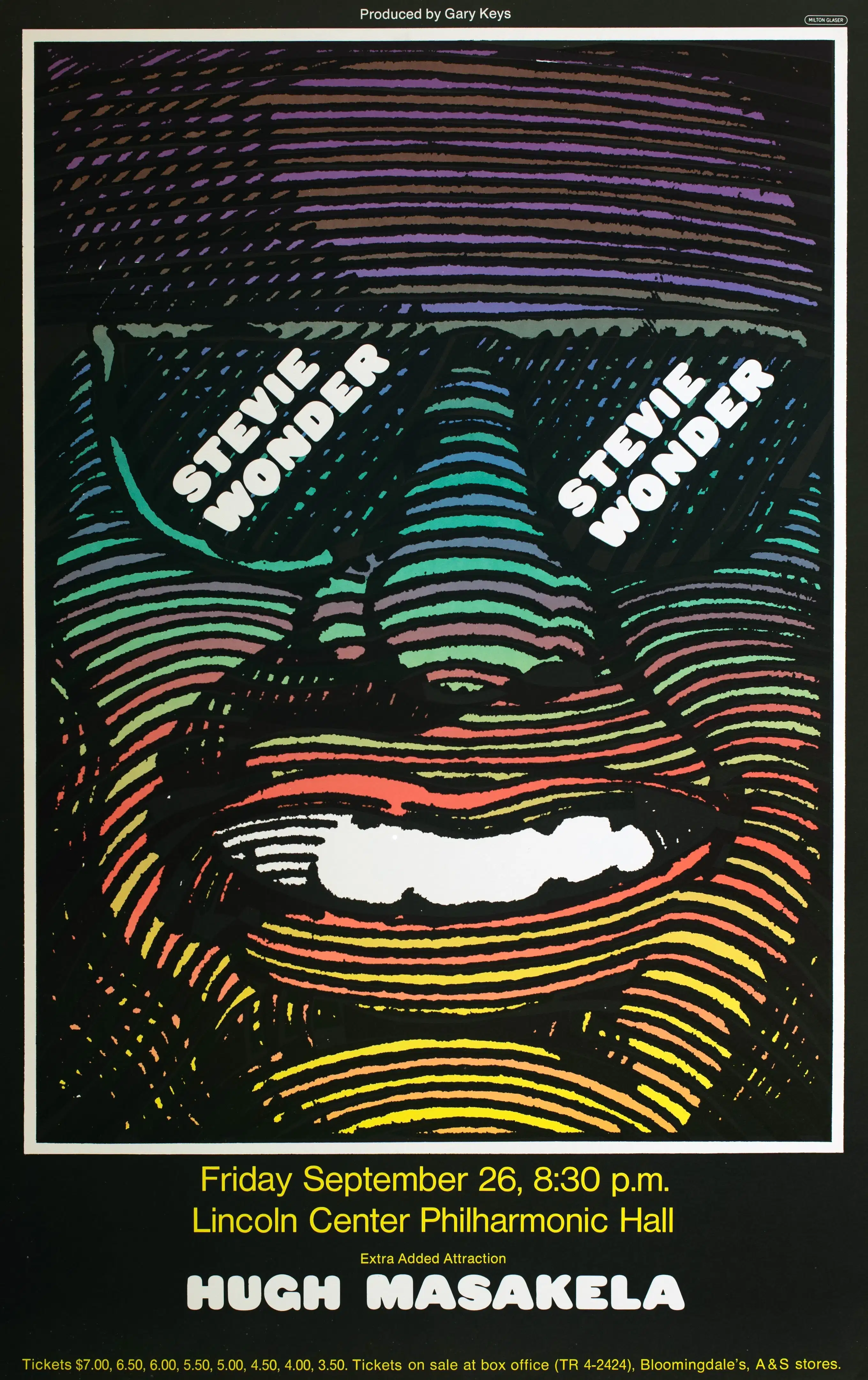 Close-up on the face of a Black musician wearing dark sunglasses and smiling; Stevie Wonder with the words "Stevie Wonder" written in each lens of the glasses, a promotional concert poster.